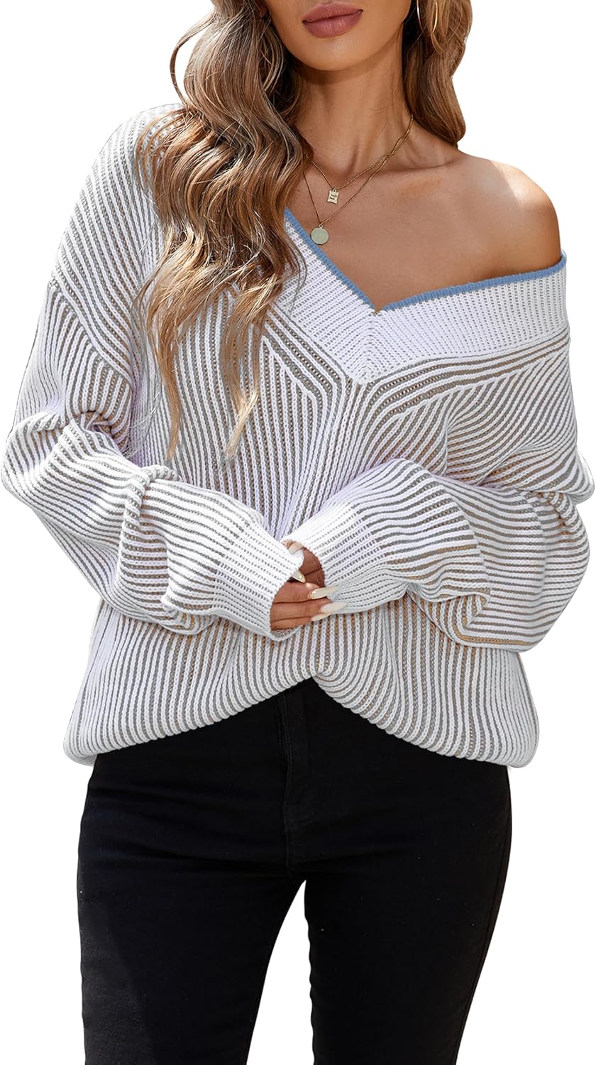 Cakulo Womens Fall 2025 Oversized Striped V Neck Sweaters Long Sleeve Knit Color Block Trendy Pullover Sweater Top - Image 8