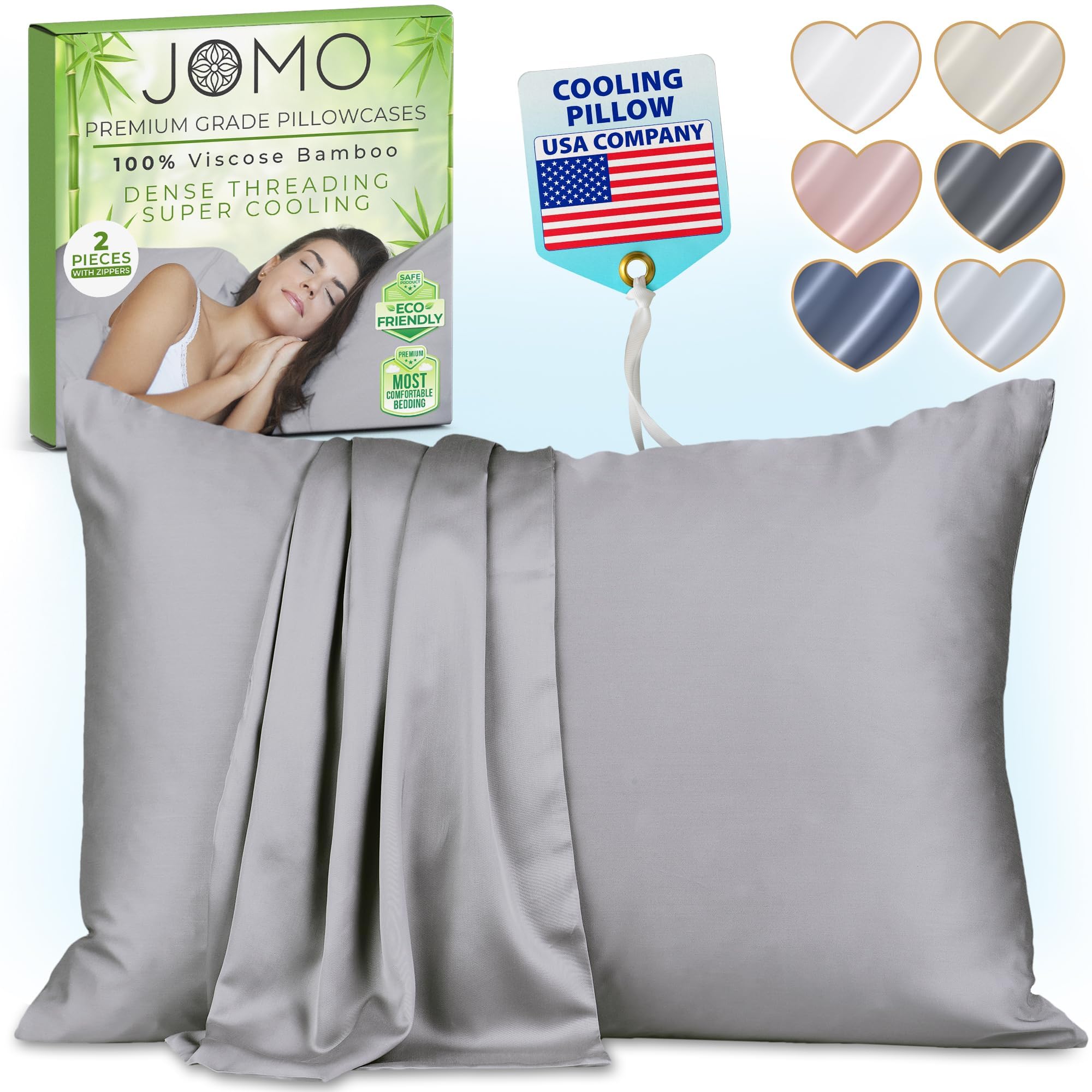 Zippered Pillowcases - King Size 36x20, 100% Viscose Derived from Bamboo, 2 PK, Gray - Cooling Pillow Cases - Silky Pillow Covers for Hot Sleepers, Menopause, Night Sweats - by JoMo