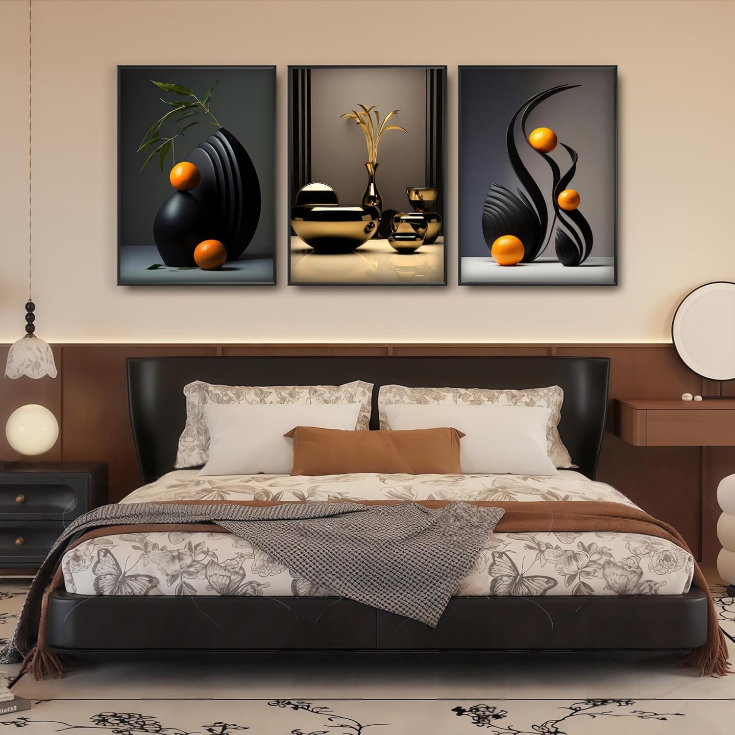 3Pcs Black Abstract Wall Art Modern Still Lifes Ceramic Wall Deco Pictures orange Black Shape Canvas Posters Prints for Living Room Bedroom Bathroom Home Decoration 12x16in Black Framed