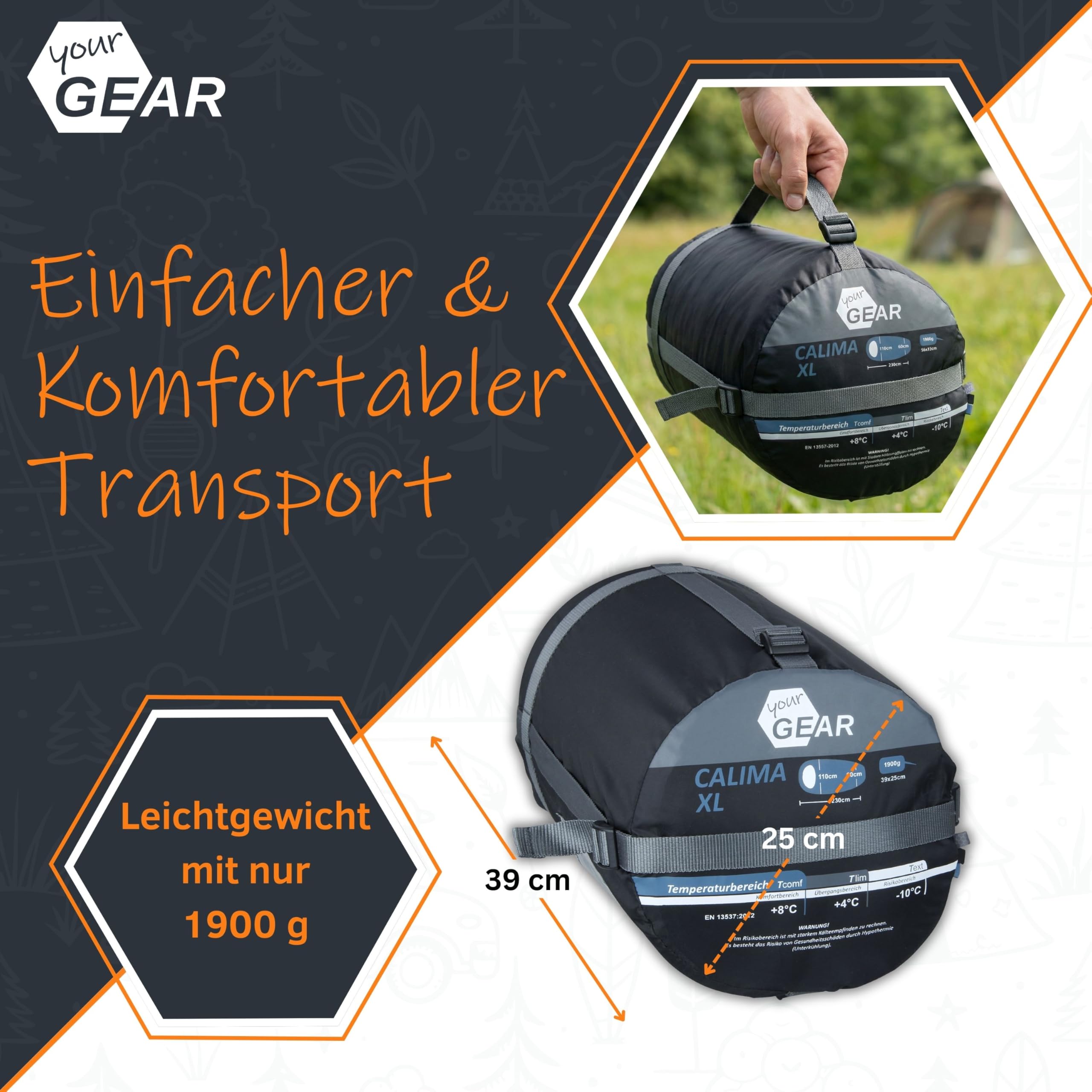 your GEAR Schlafsack Calima XXL - Extra Breiter Eiform Schlafsack 230x110 cm - Viel Platz für Seitenschläfer & Große Personen - 3 Jahreszeiten Campingschlafsack - Komfort +8 °C/Extrem -10 °C