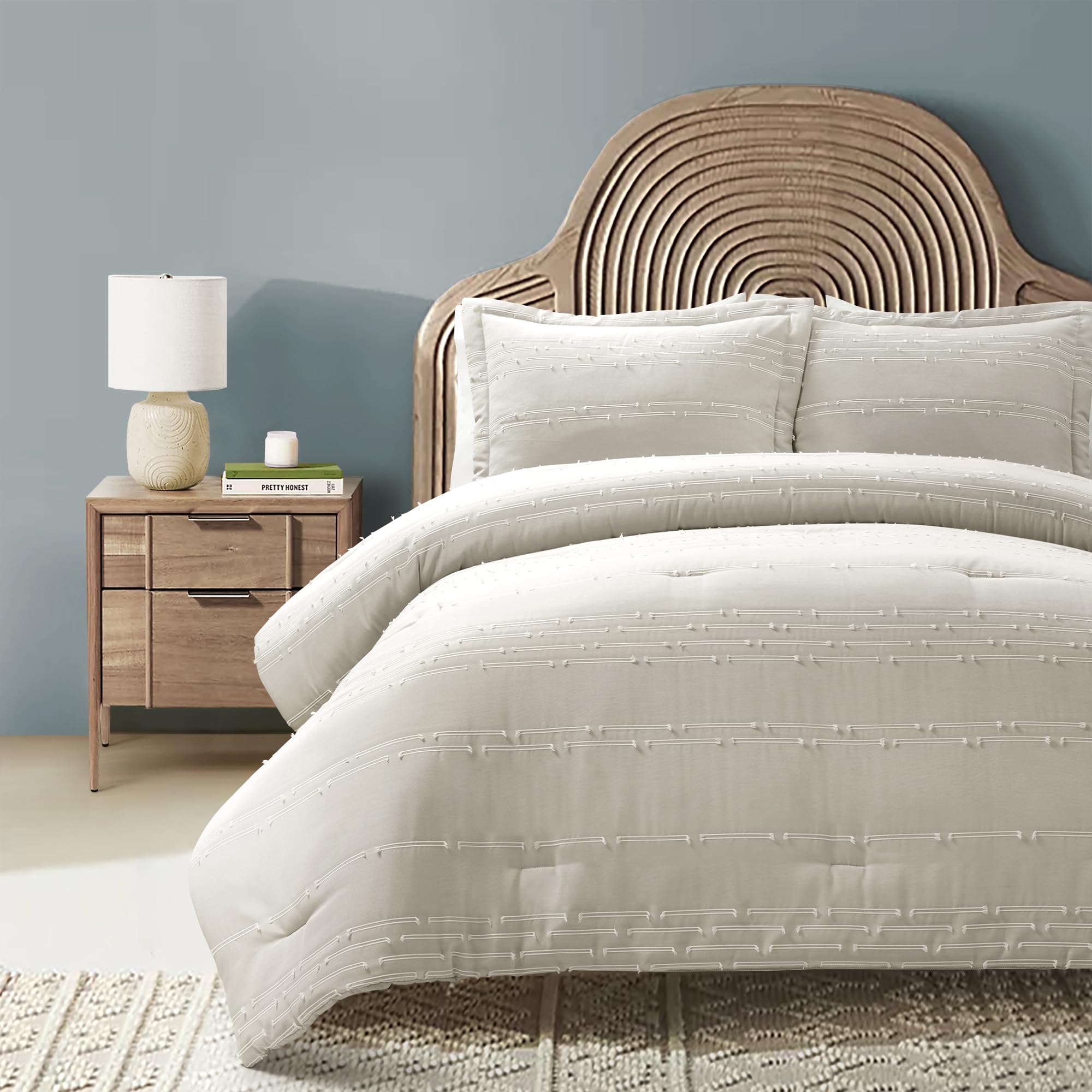 Lush Decor Clipped Stripe Woven Textured Jacquard Comforter Set Neutral 3 Piece Set King/California King - All Season Eyelash Boho Bedding Set