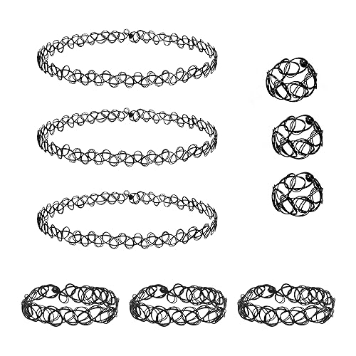 Qancekoo 3 Sets 90s Tattoo Stretch Jewelry Collection Girls Choker Necklace Kit Elastic Chokers Stretchy Bracelets Gothick Vintage Choker Jewelry for 90s or 2000s Themed Parties (Black)