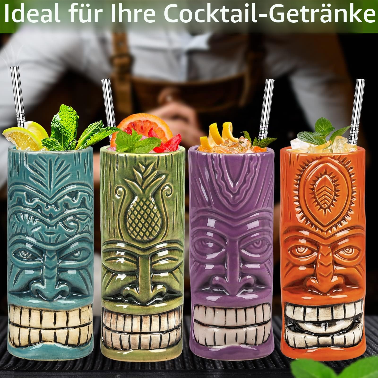 SuproBarware Tiki Tassen Set von 12 – Große Cocktail-Tiki-Gläser, hawaiianische Party, niedliche exotische Cocktailgläser, hawaiianische Keramiktasse