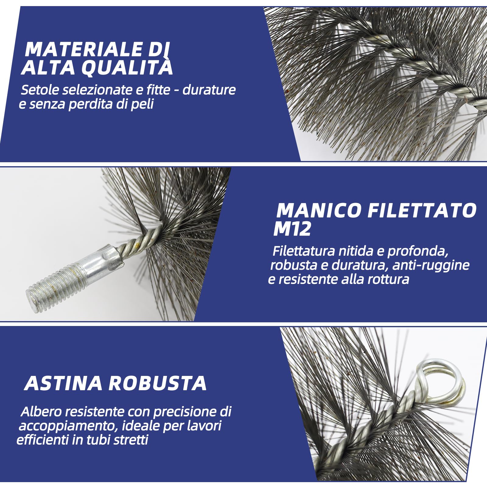 Set di spazzole per camino 4 pezzi con spazzole da 30/50/80/150 mm, incl. 1m di filo di acciaio e stanga di spinta – Spazzola per camino per la pulizia di canne fumarie, tubi per stufe e tubi di