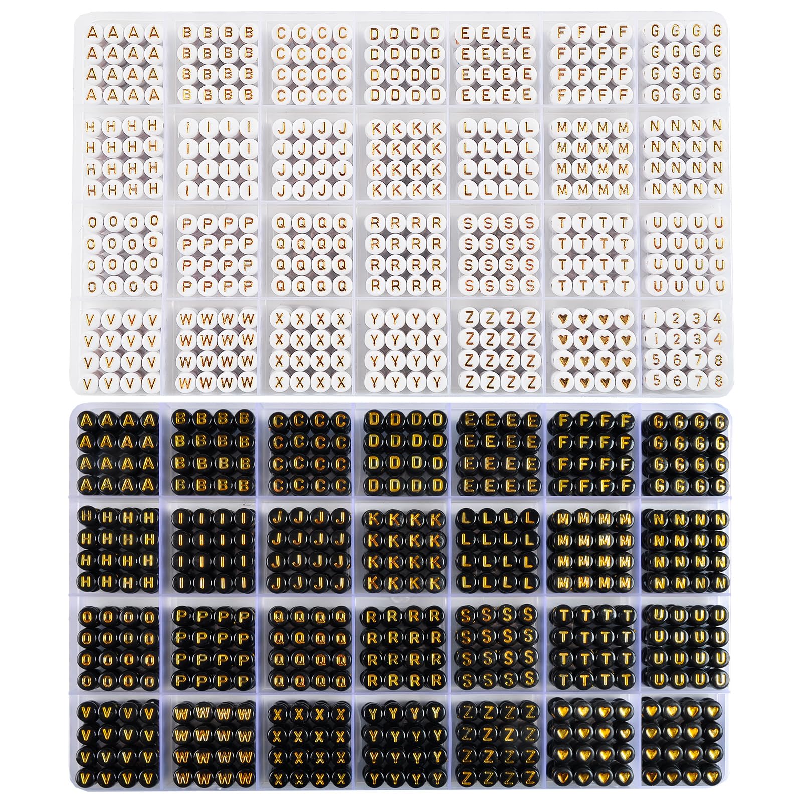 L'EclatDina 1900+ PCS Letter Beads, 2 Box Set Alphabet Beads for Bracelets, Round Number & Heart, 5m Elastic String Jewelry Making Kit, Ideal Gift for Friendship Bracelets (White Gold+Black Gold)