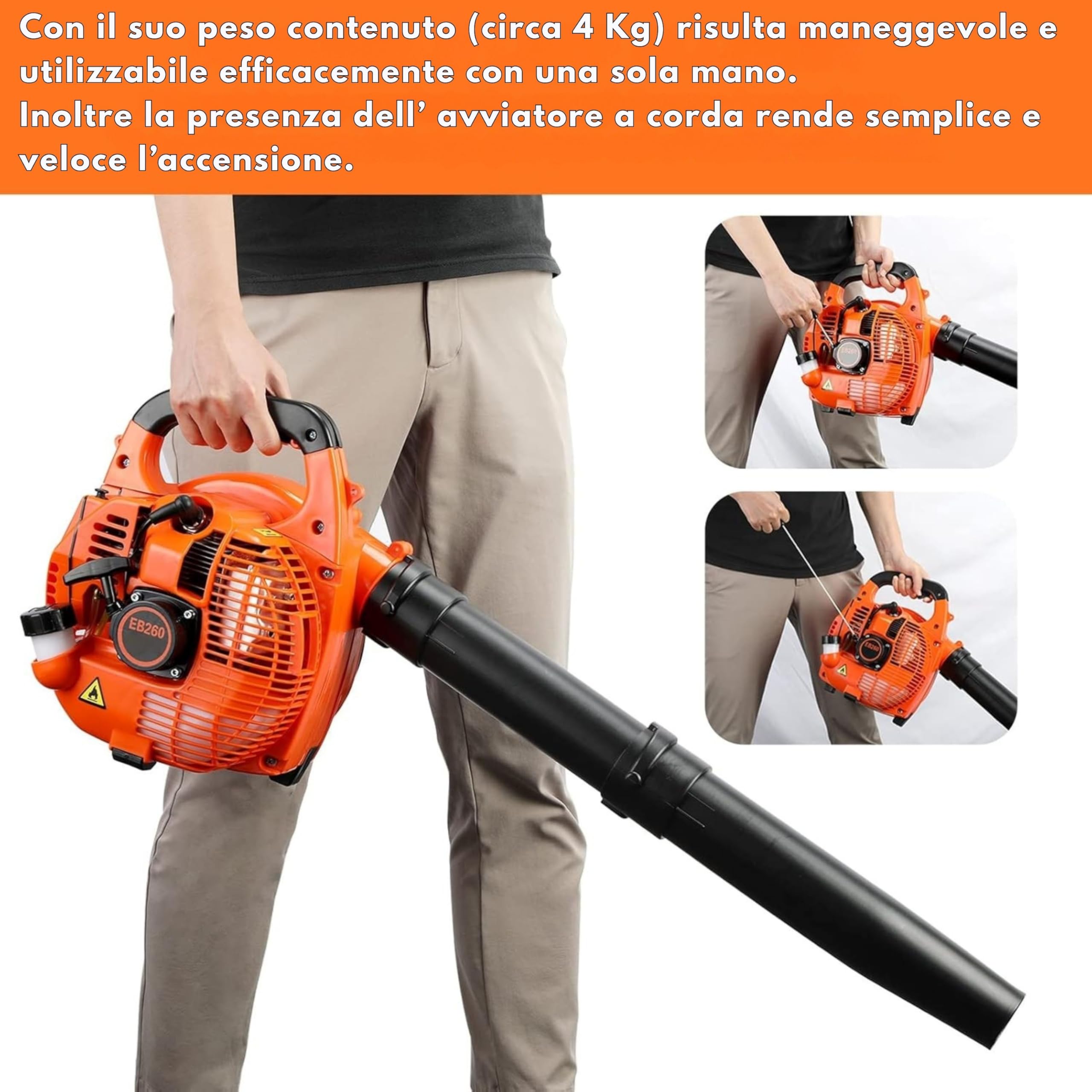 CLICLED Soffiatore a Scoppio Motore Benzina 26cc 2 Tempi per Pulizia Giardino Vialetti Foglie e Detriti Attrezzo da Giardinaggio EB260