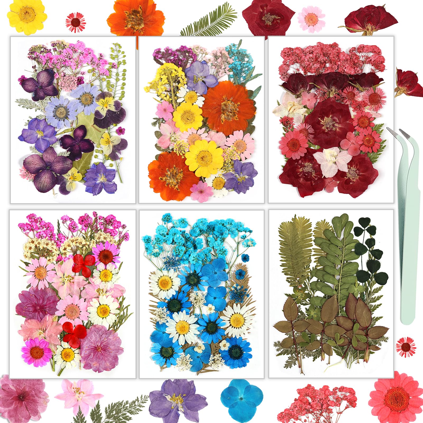 Dried Flowers, Resiners 174Pcs Pressed Flowers for Craft Colorful Real Natural Dried Flowers Dry Leaves Kit for DIY Making Crafts Resin Soap Candle Scrapbook Supplies Card Making Jewelry