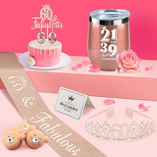 Miniatura 3 de Decoraciones de cumpleaños número 60, regalos para mujeres, incluyendo corona, banda, decoración de pastel, velas y taza de vino o café de 12 onzas