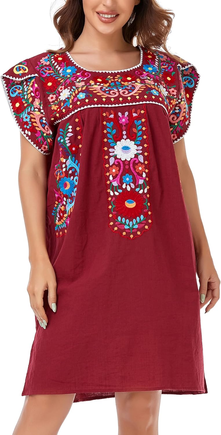 YZXDORWJ Women Summer Mexican Embroidered Boho Peasant Dress Petal Sleeve - Image 5