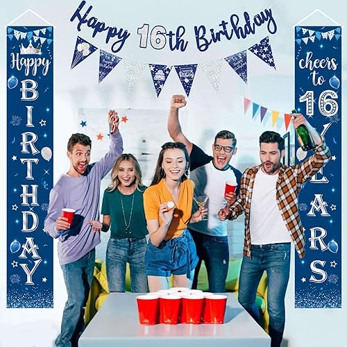 Vista 40 de Kit de decoración de 30 cumpleaños azul y plateado, cartel de 30 cumpleaños para puerta, porche, cartel de fondo, pancarta de feliz cumpleaños 30