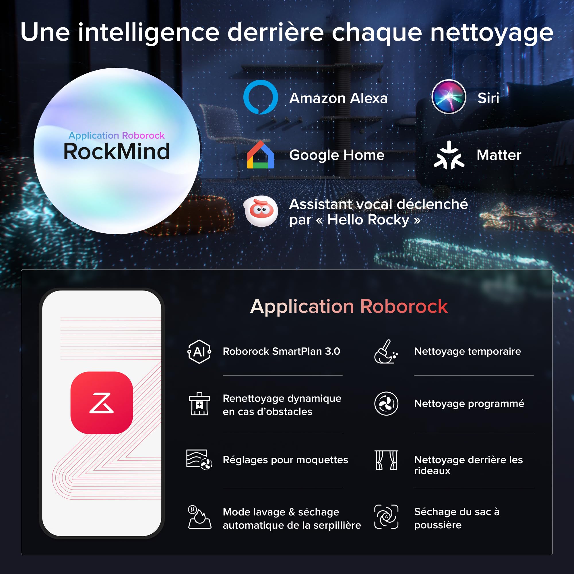 roborock Saros 20 Sonic Aspirateur Robot Laveur avec 36.000 Pa, Lavage de Serpillière VibraRise 5.0, Évite 300+ Obstacles, Doubles Anti-Enchevêtrement, 7,95 cm Mince, Nouvelle Station RockDock, Blanc
