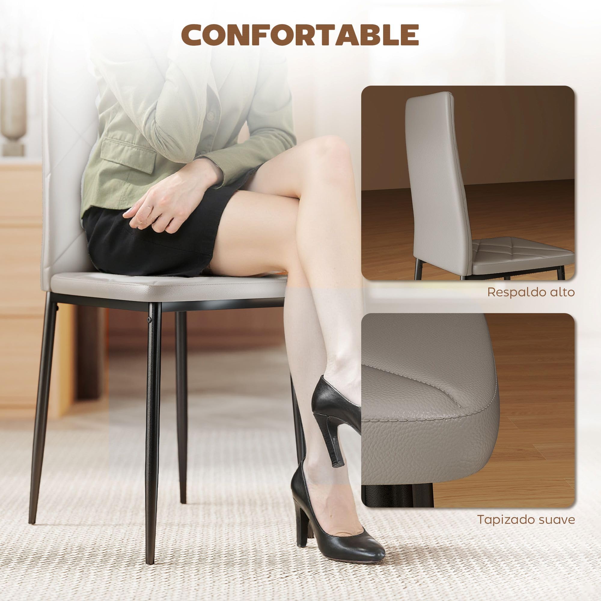 HOMCOM Pack de 4 Sillas de Comedor, Sillas de Cocina Modernas, Tapizadas de Cuero Sintética, Respaldo Alto, Asiento Acolchado, Patas de Acero, Gris