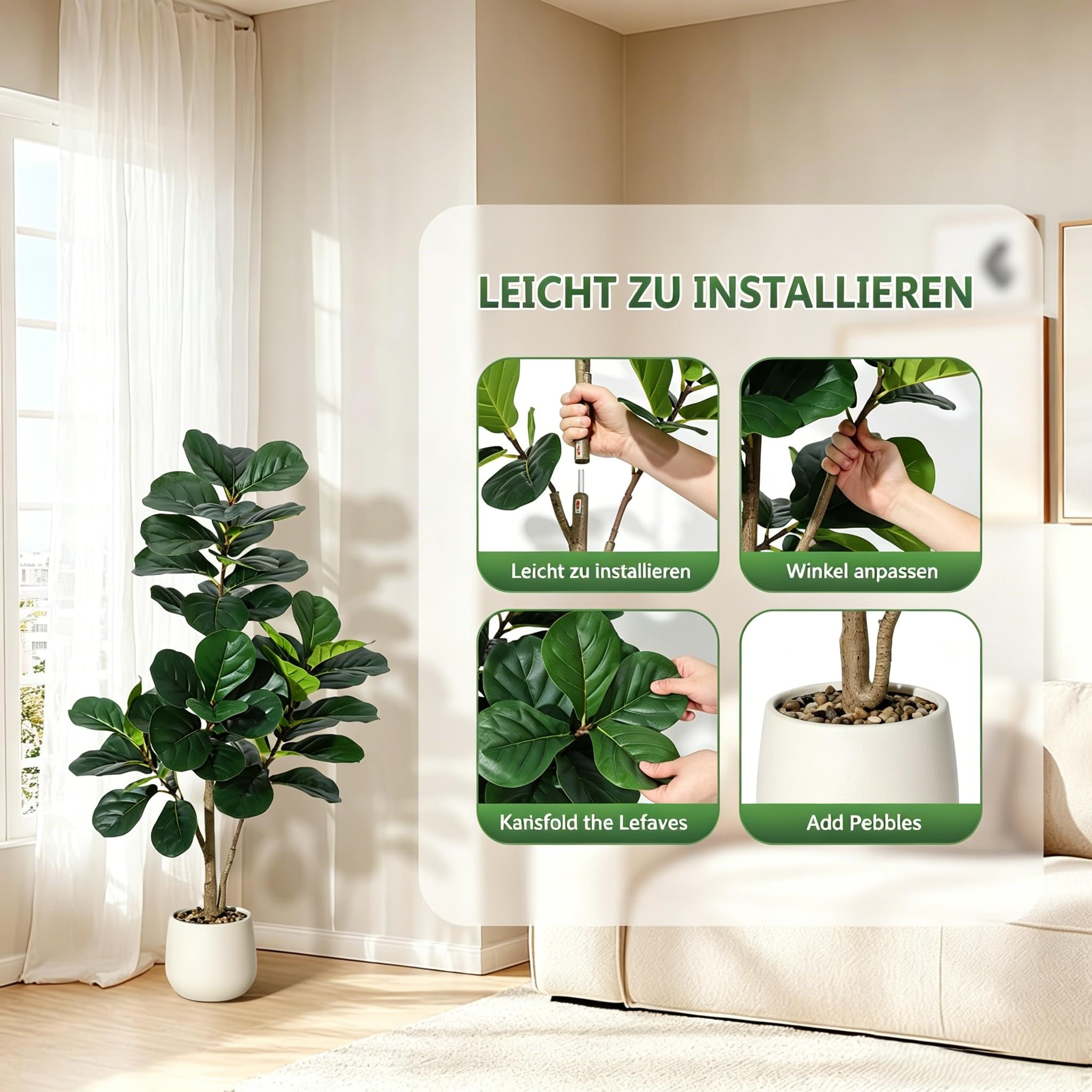 Kunstpflanzen Groß Artificial Violin Fig Tree 210 cm | Künstliche Pflanzen,Weißen Blumentöpfen Mit Kies Pflanzen,Kunstpflanze Outdoor Wetterfest, Wohnzimmer, Schlafzimmer