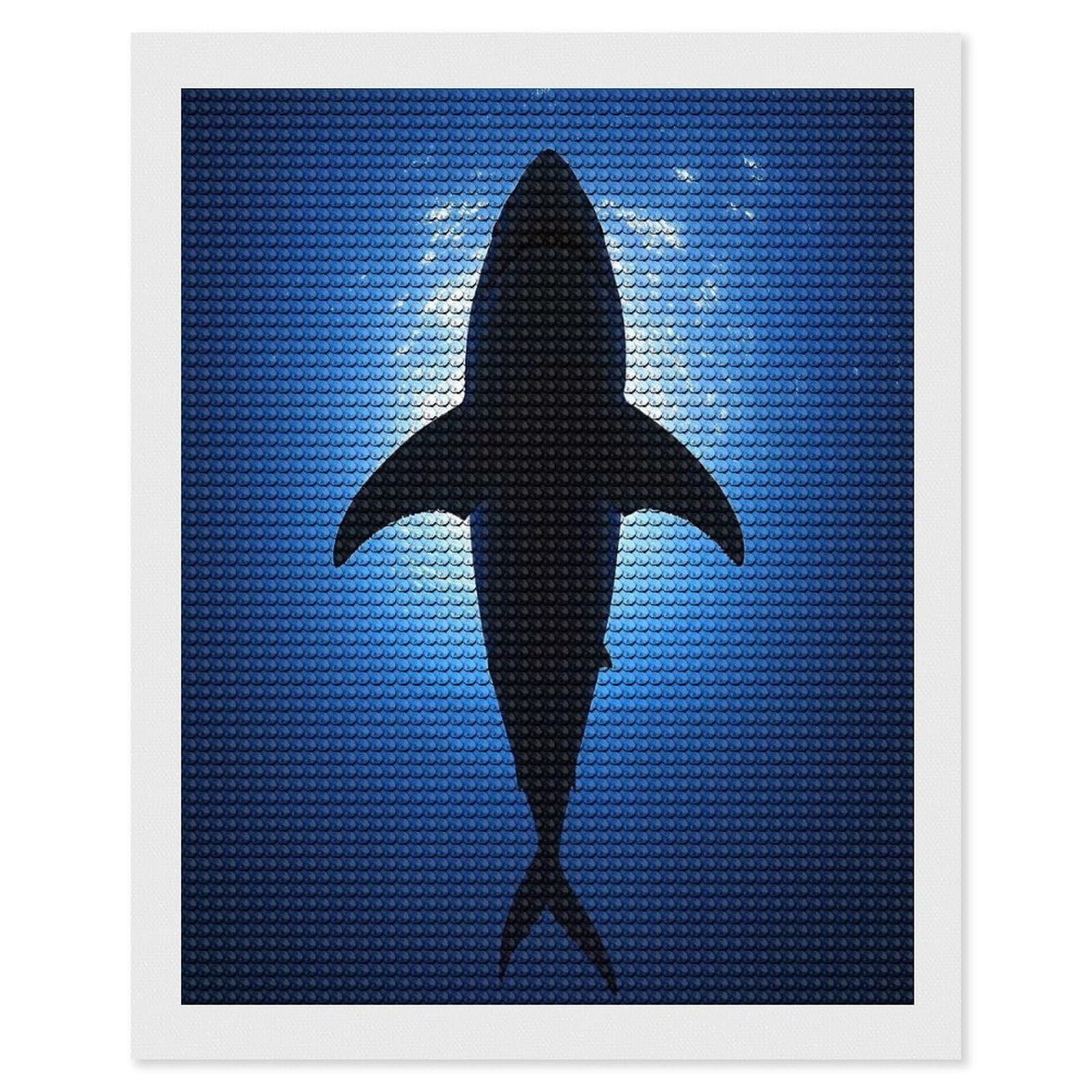 Junmoney Great White Shark Silhouette Crystal Diamond Art Kit 16"x20", Stress Relief Craft, Decorative Artwork, Vintage Style Decor, Birthday Gift