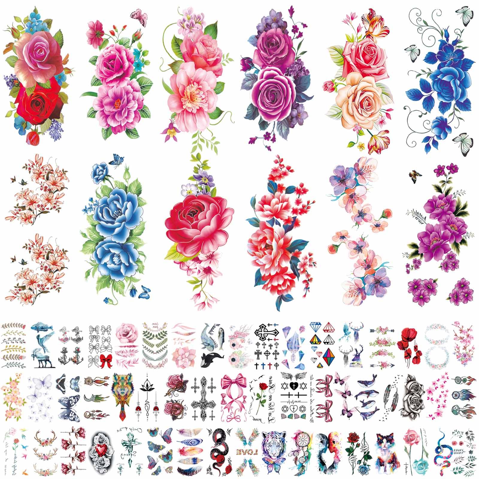 64 Sheets Flowers Temporary Tattoos for Women Girls Adults, Shemboli 3d Colorful Floral Tattoo Realistic Fake Tattoos, Waterproof Butterfly Tattoo Stickers, Fake Body Arm Neck Chest Shoulder Tattoos