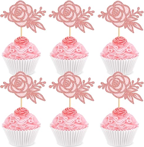 Keaziu 24 piezas de rosas para cupcakes, rosas rosas rosas y verdes, diseño de doble capa para boda, aniversario, día de la madre, día de San