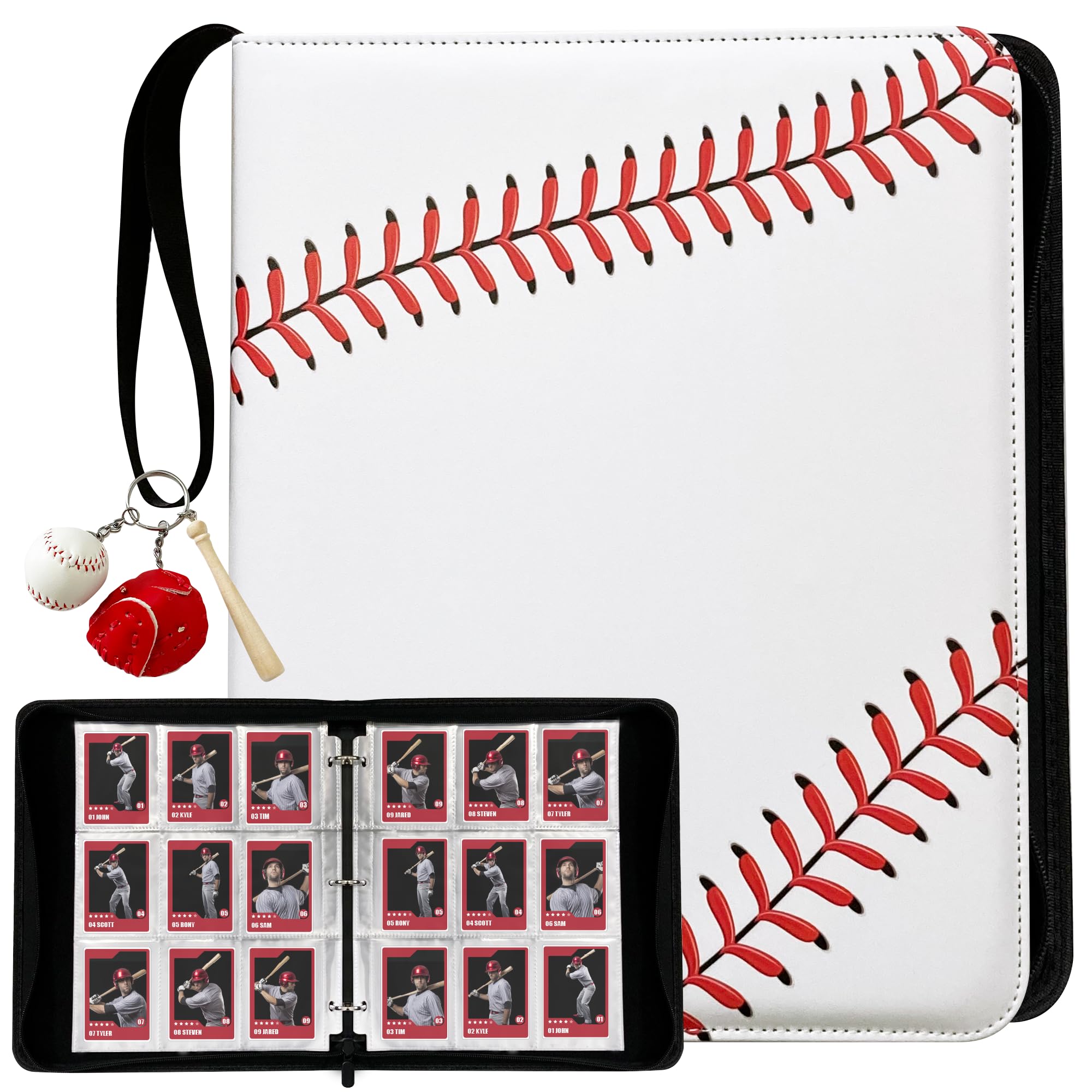 Baseball Cards Binder with an Original Baseball Keychain, Baseball Binder with Pages Made of Polypropylene, Baseball Card Binder PU leather, Baseball Card Binder 900 Pockets, Baseball Card Holder.