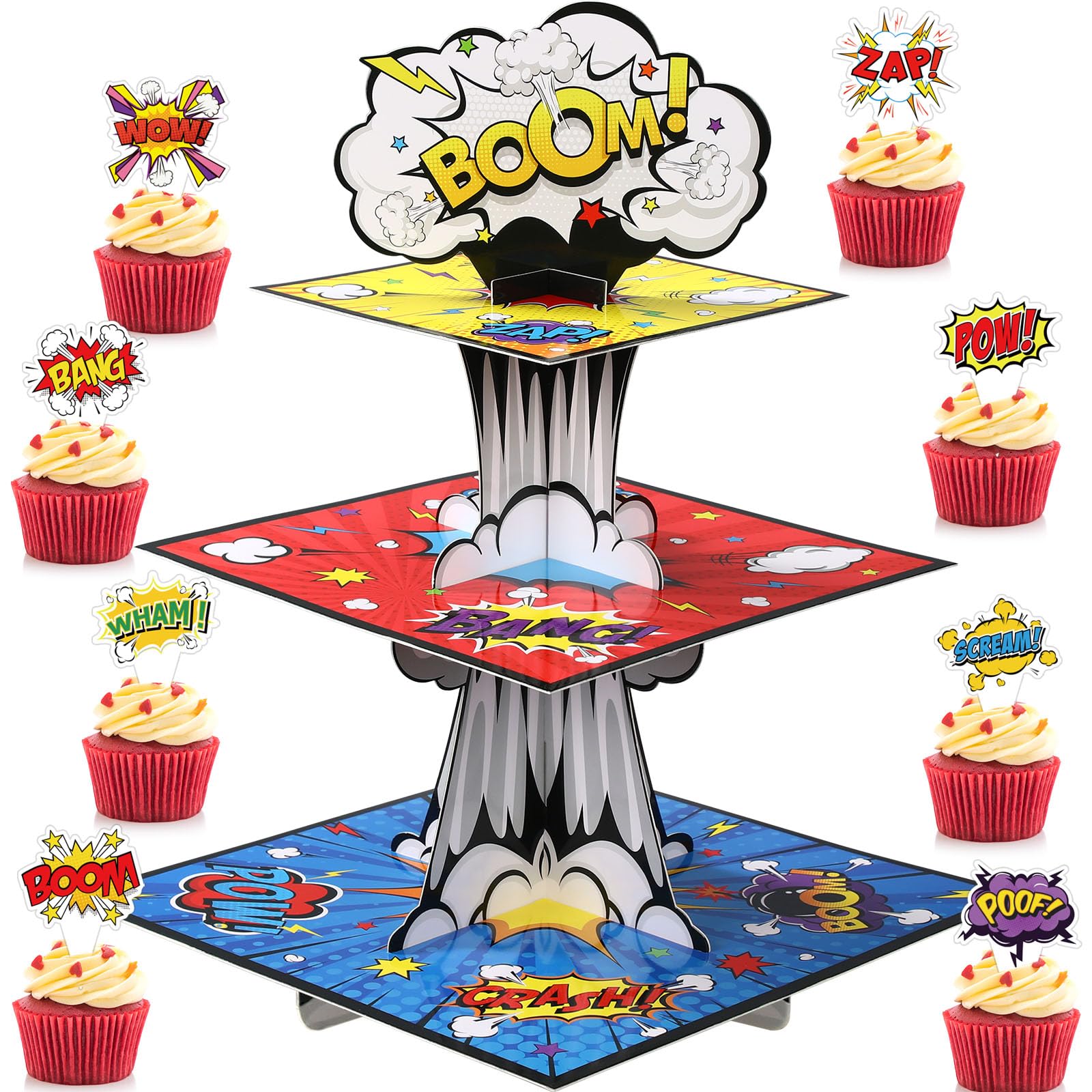 Zopeal Alzata per cupcake a 3 livelli con 24 decorazioni per cupcake a fumetti, espositore per dessert, decorazioni per feste di compleanno o baby shower per bambini, bomboniere per fumetti