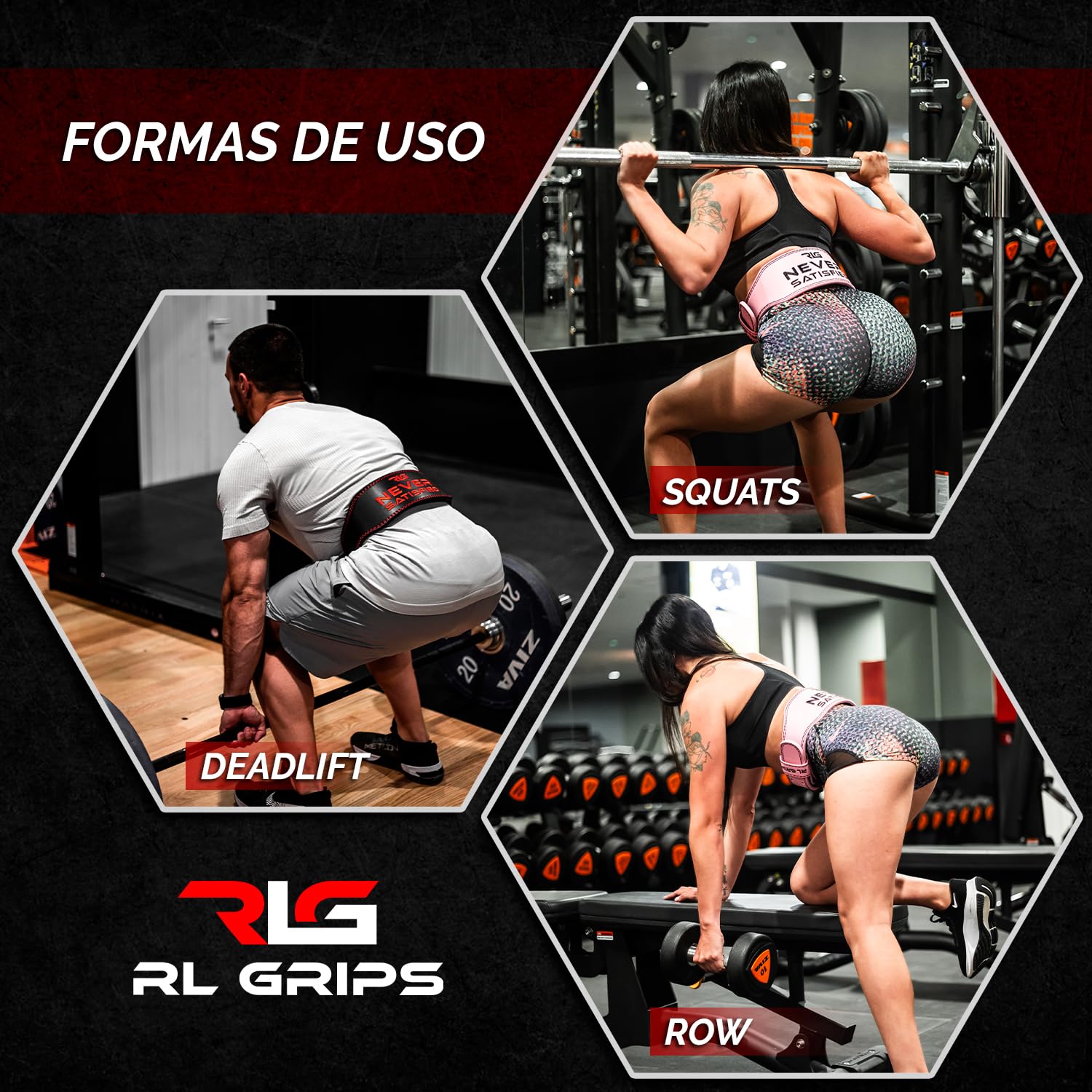 RL Grips® Cinturon de Gimnasio en Cuero para Musculación - Soporte Lumbar de Piel Acolchado para Levantamiento de Pesas, Halterofilia y Fitness