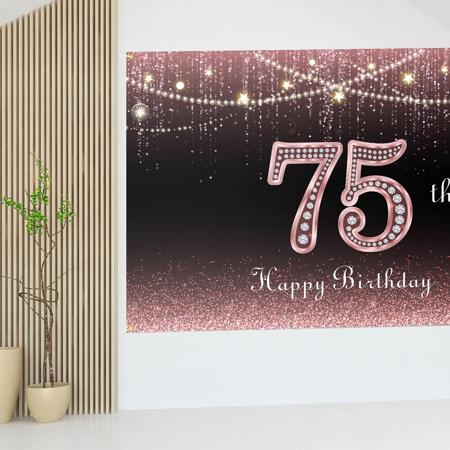 HAMIGAR Baner "Happy 75th Birthday", tło dla 75 lat, dekoracje urodzinowe, artykuły imprezowe dla kobiet, 1,8 x 1,2 m, różowe złoto