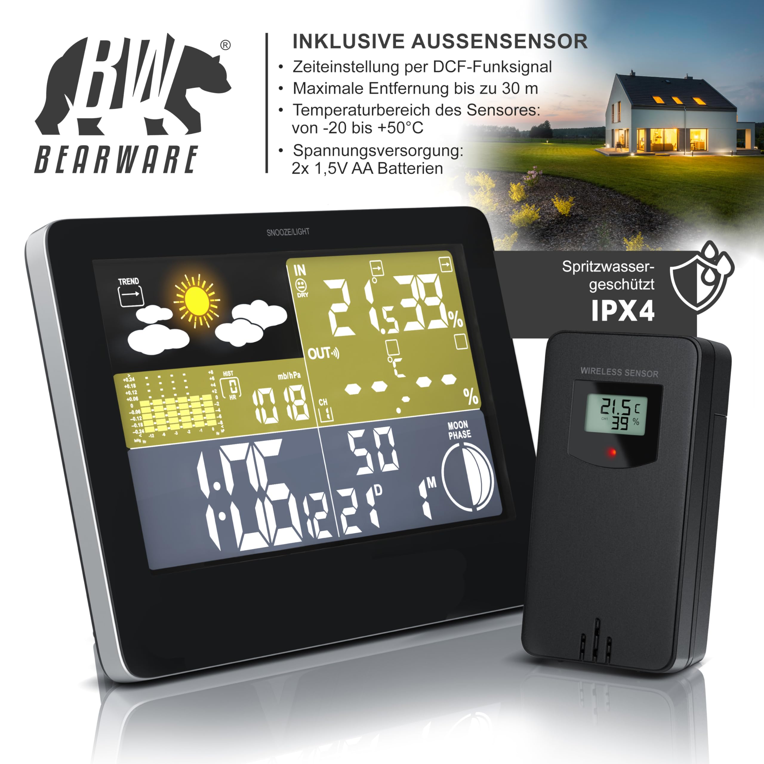 CSL Funk Wetterstation mit Farbdisplay inkl. Außensensor, DCF Empfangssignal Funkuhr, Innen und Außentemperatur Wettervorhersage-Piktogramm UVM. LCD-Display