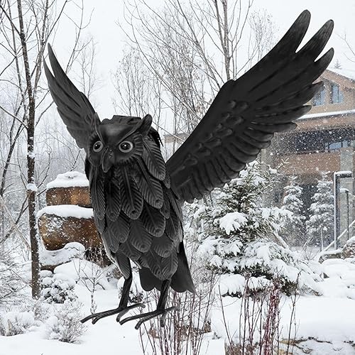 Miniatura 9 de Natelf Esculturas y estatuas de señuelo de búho solar, decoración de Halloween, metal de pie disuasorio para asustar a los pájaros ardillas lejos