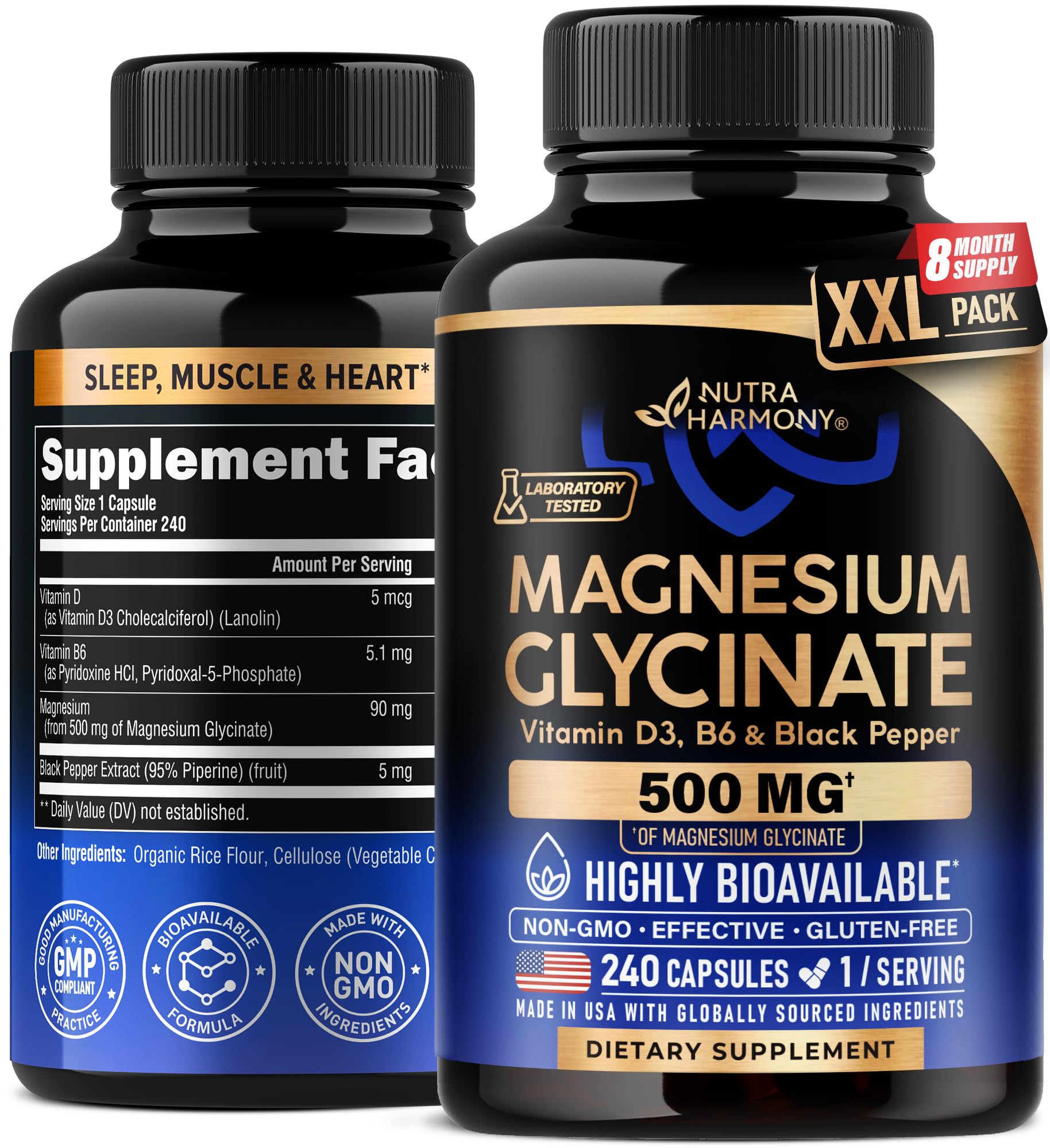 Magnesium Glycinate 500 mg - Chelated Supplement - 98% High Absorption - Support for Sleep, Muscle & Heart Health - Made in USA, Lab Tested & Non-GMO - 240 Capsules