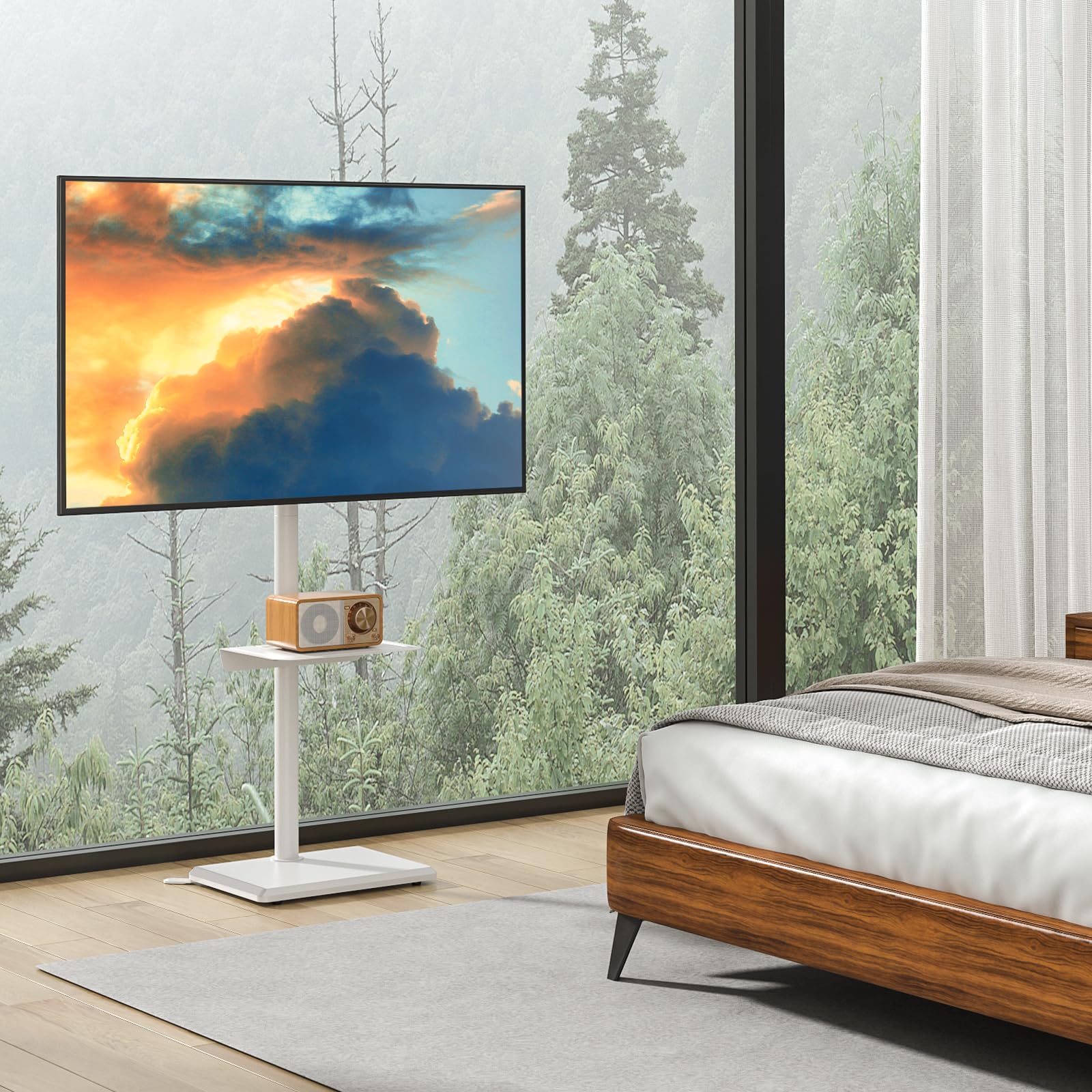 5Rcom Support TV au sol universel pivotant avec support pour téléviseurs de 32 à 55 pouces jusqu'à 40 kg, hauteur réglable avec pivot, haut support TV avec base en bois blanc, VESA max 400 x 400 mm