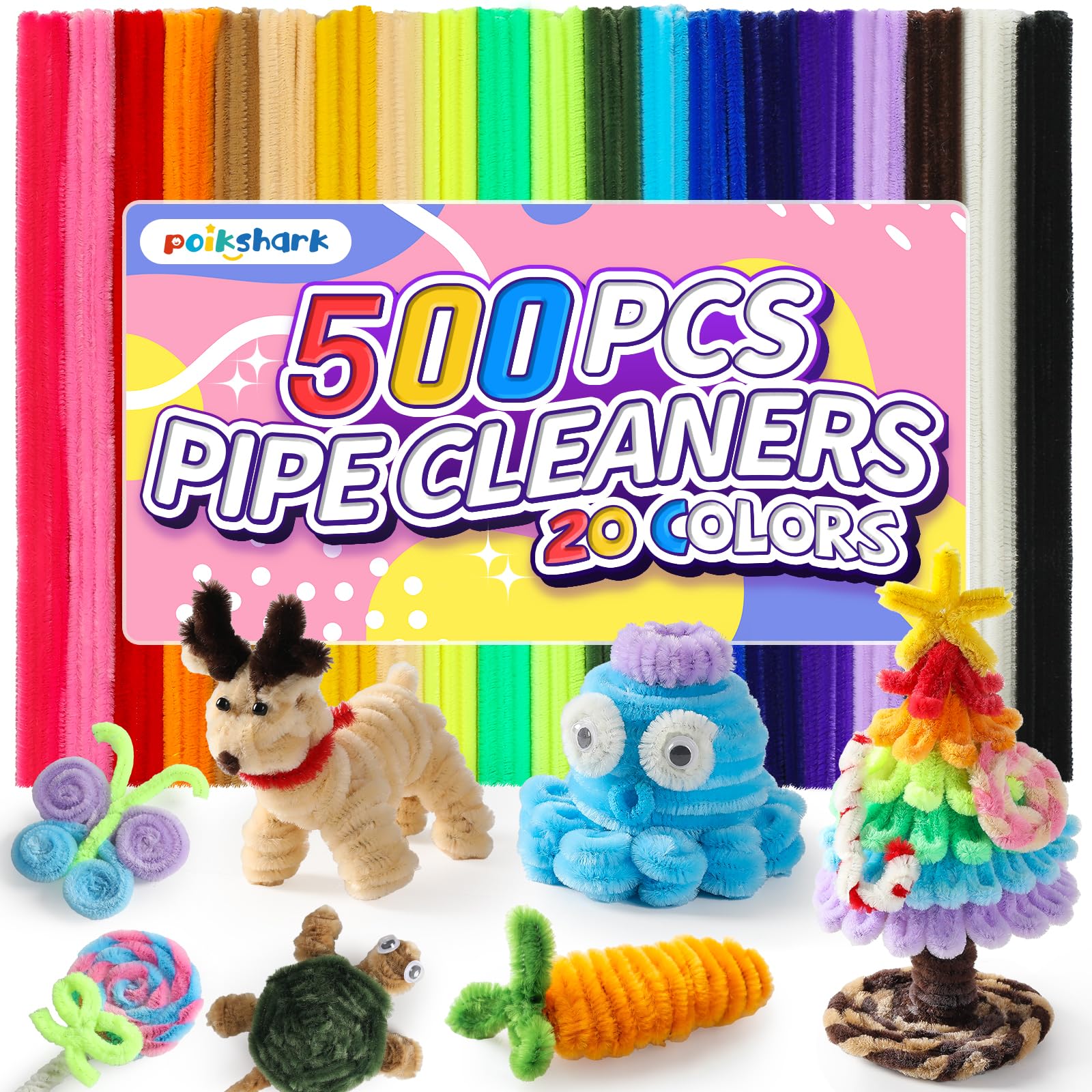 POIKSHARK 500 PCS 20 Colors Thick Pipe Cleaners Craft, Multi-Colored Chenille Stems for Craft Supplies & Materials, Fuzzy Pipe Cleaners Bulk for DIY Arts Projects, Rainbow Pipe Cleaners(12inch*6mm)