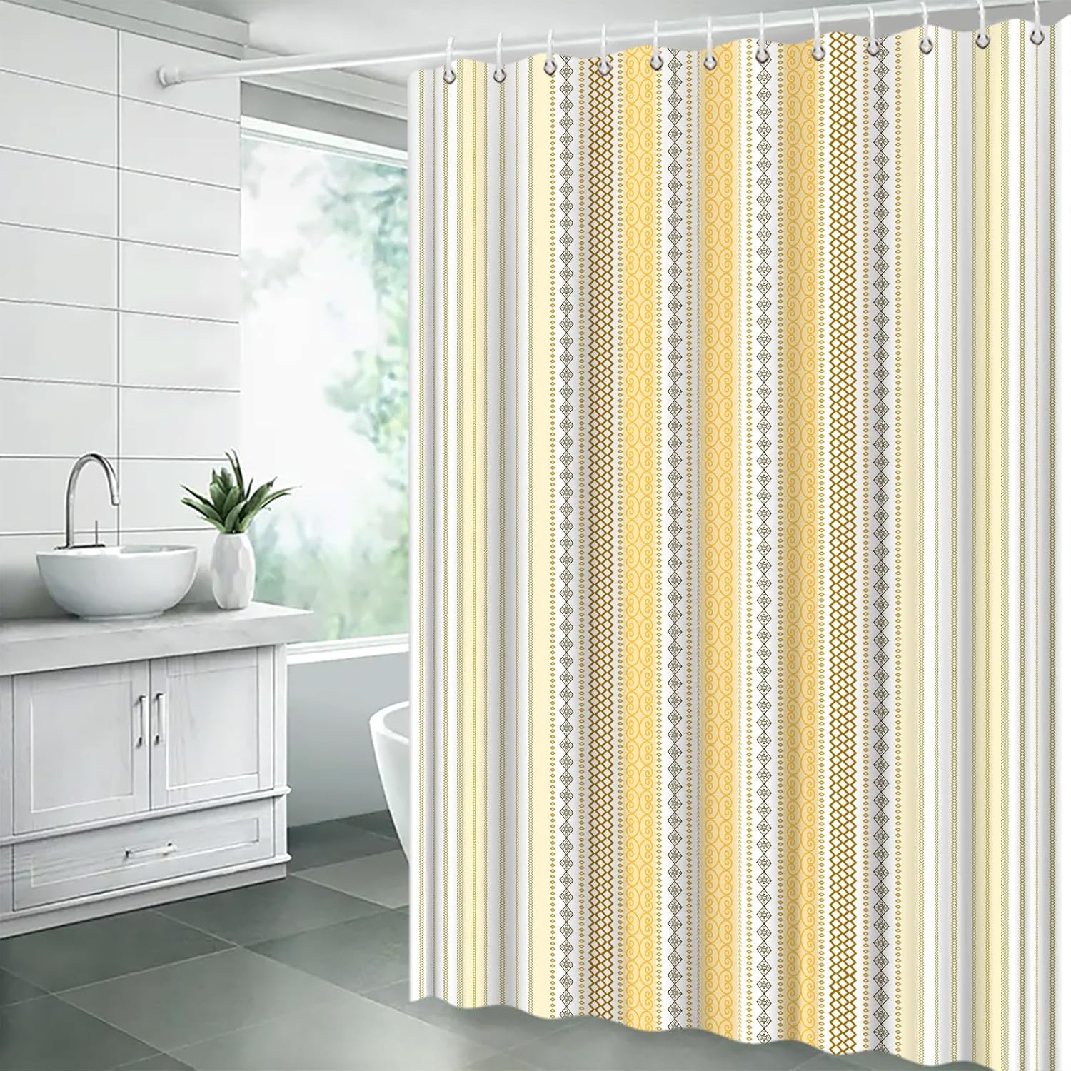 Boho Aztec Striped Shower Curtain Modern Abstract Geometric Stripes Yellow Vintage Rustic Farmhouse Fabric Bathroom Decor Curtain with Hooks,70X96(WXH) Inches