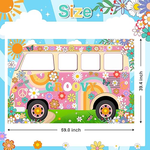 Miniatura 2 de Decoraciones de fiesta hippie Groovy Bus Banner de los años 60, telón de fondo de margarita, recortado de la cara de los años 60, accesorios para