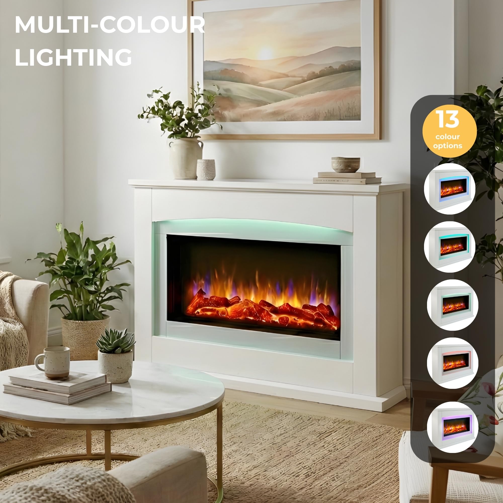 Endeavour Fires Chimenea Eléctrica Danby de 120cm/48'' con Efecto de Llama Realista y Control Remoto Programable de 7 Días en un Entorno de Chimenea Blanco
