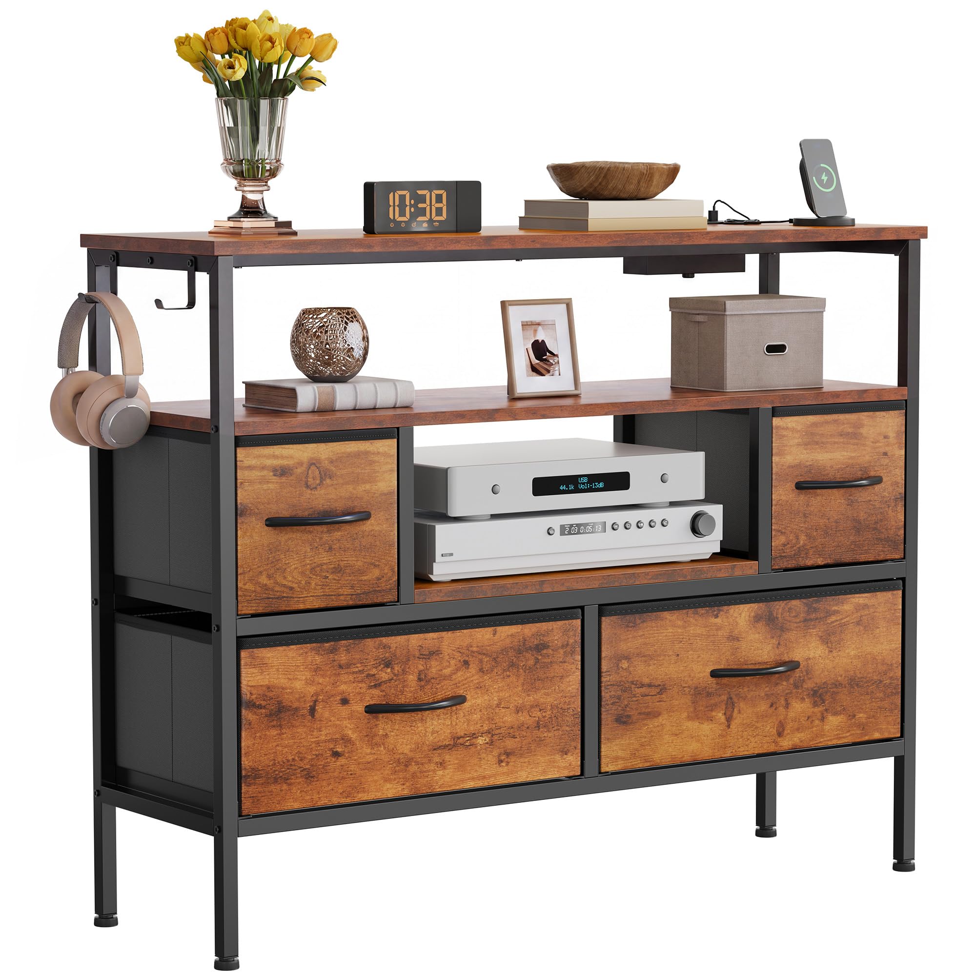 YITAHOME Fabric Drawers Cabinet with Power Outlets & LED Lights, Fabric Chest with 4 Drawers & 2 Hooks, Fits TVs up to 32 Inches, Chest of Drawers for Bedroom, Living Room, Home Office, Rustic Brown