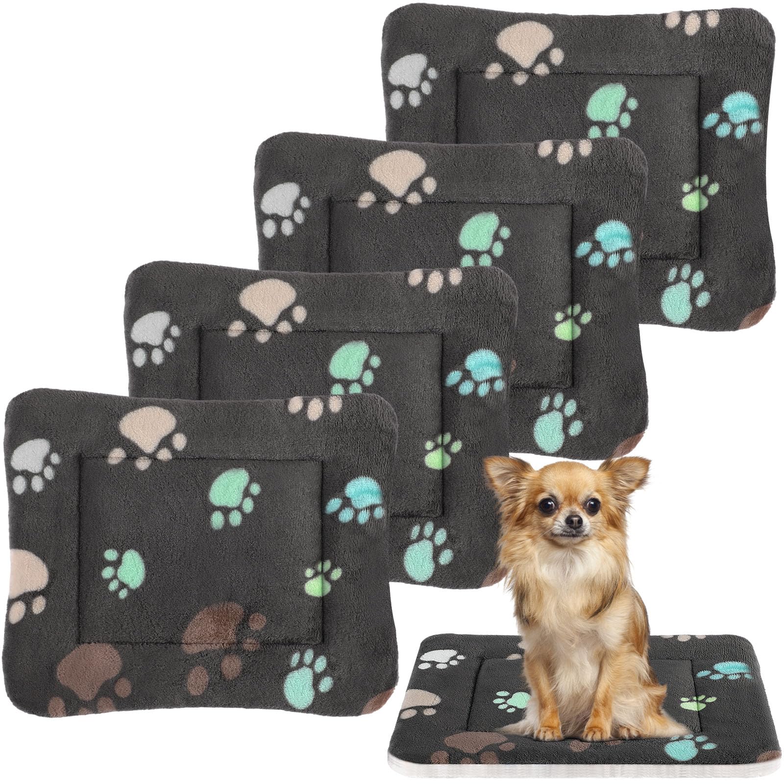 Tuanse 4 Pack Ultra Soft Dog Cat Bed Mat with Cute Prints Reversible Fleece Dog Crate Kennel Pad Cozy Washable Thickened Hamster Guinea Pig Pet Bed