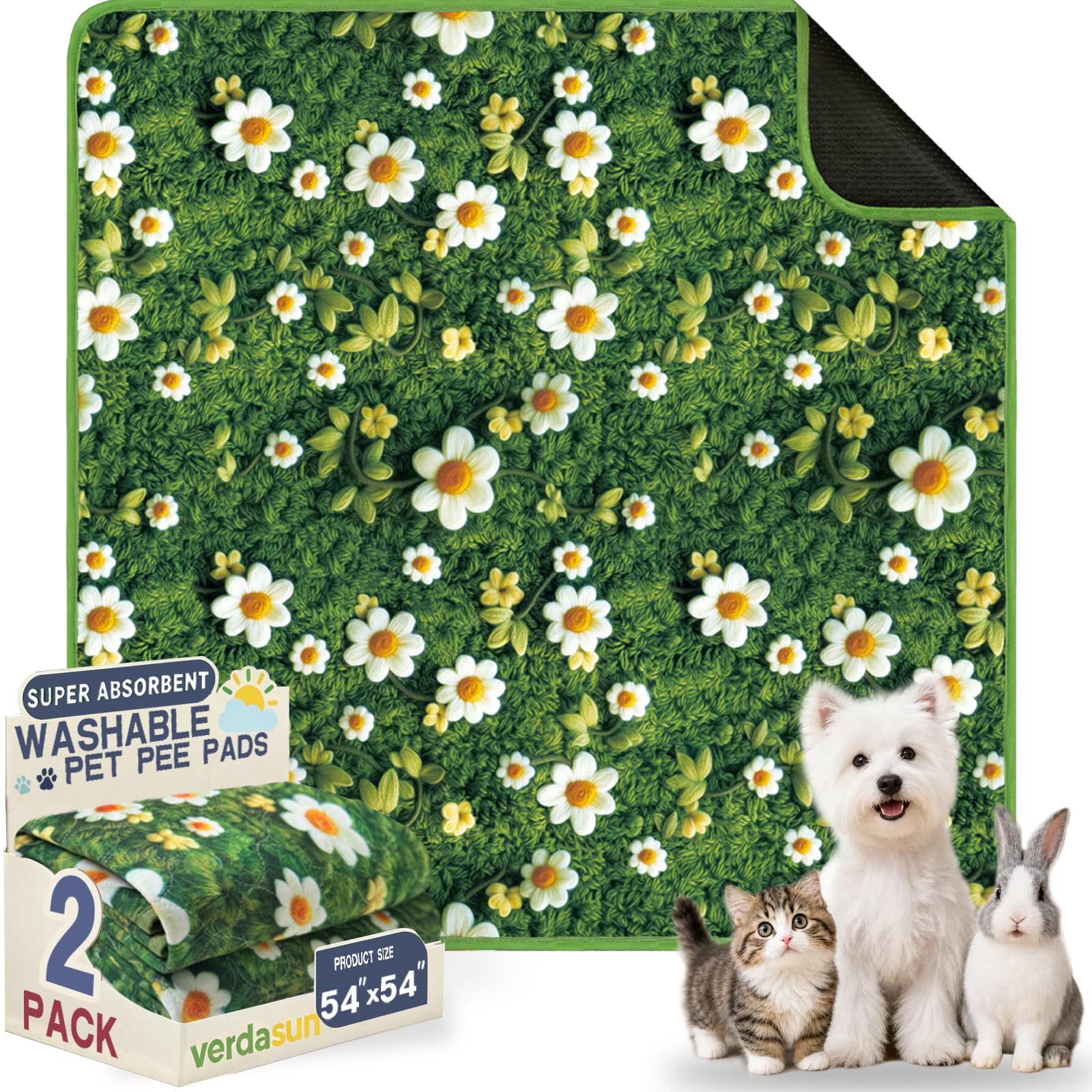 Washable Pee Pads for Dogs, Reusable Puppy Potty Training Pads, Ultra-Absorbent Thick Waterproof Leak-Proof Non-Slip Pads &amp; Mat for Crate, Playpen, Floor, Whelping &amp; Housebreaking , 2 Pack 54"x54"