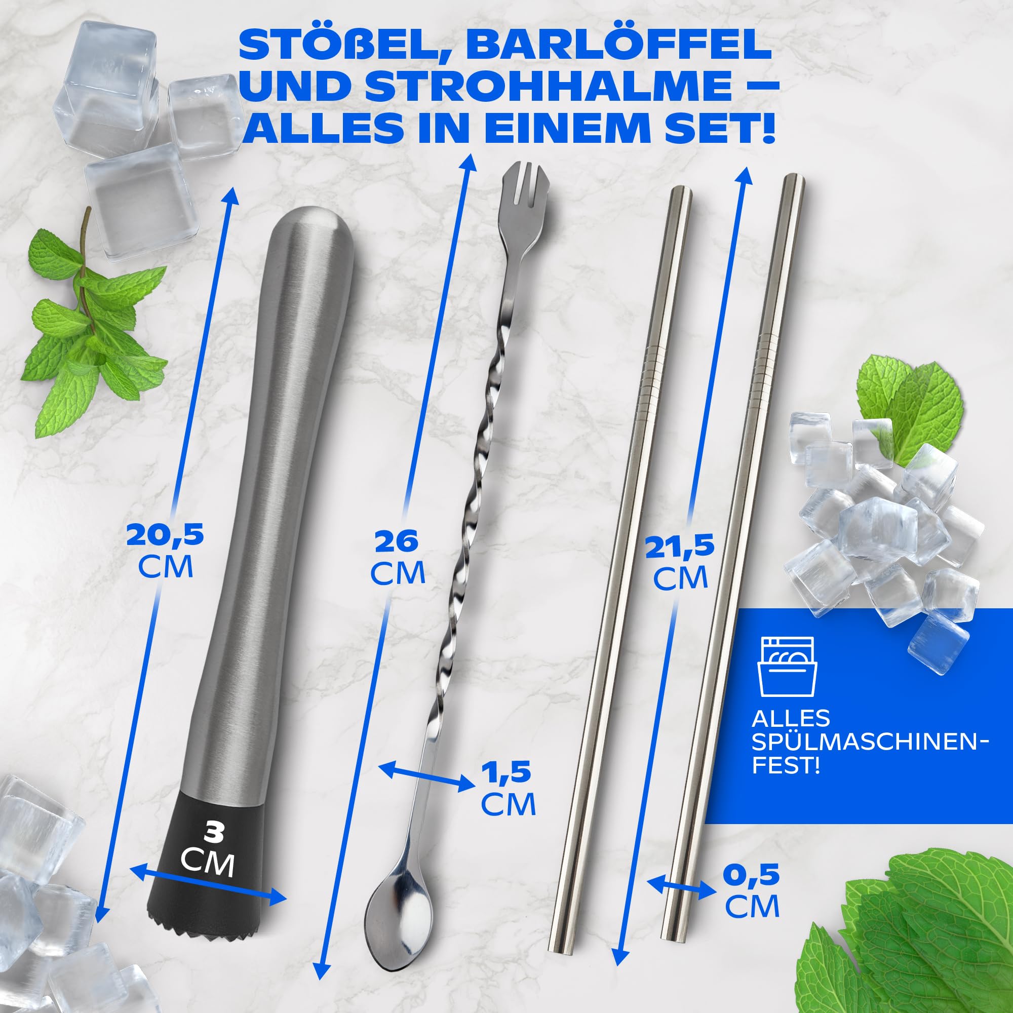 Cocktail Stößel-Set [Edelstahl] mit Zubehör - Muddler, Barlöffel & 2 Strohhalme - Eiscrusher, Stampfer, Barstößel, Caipirinha-Stössel, Mojito-Mörser, Limettenpresse | Profi-Barzubehör