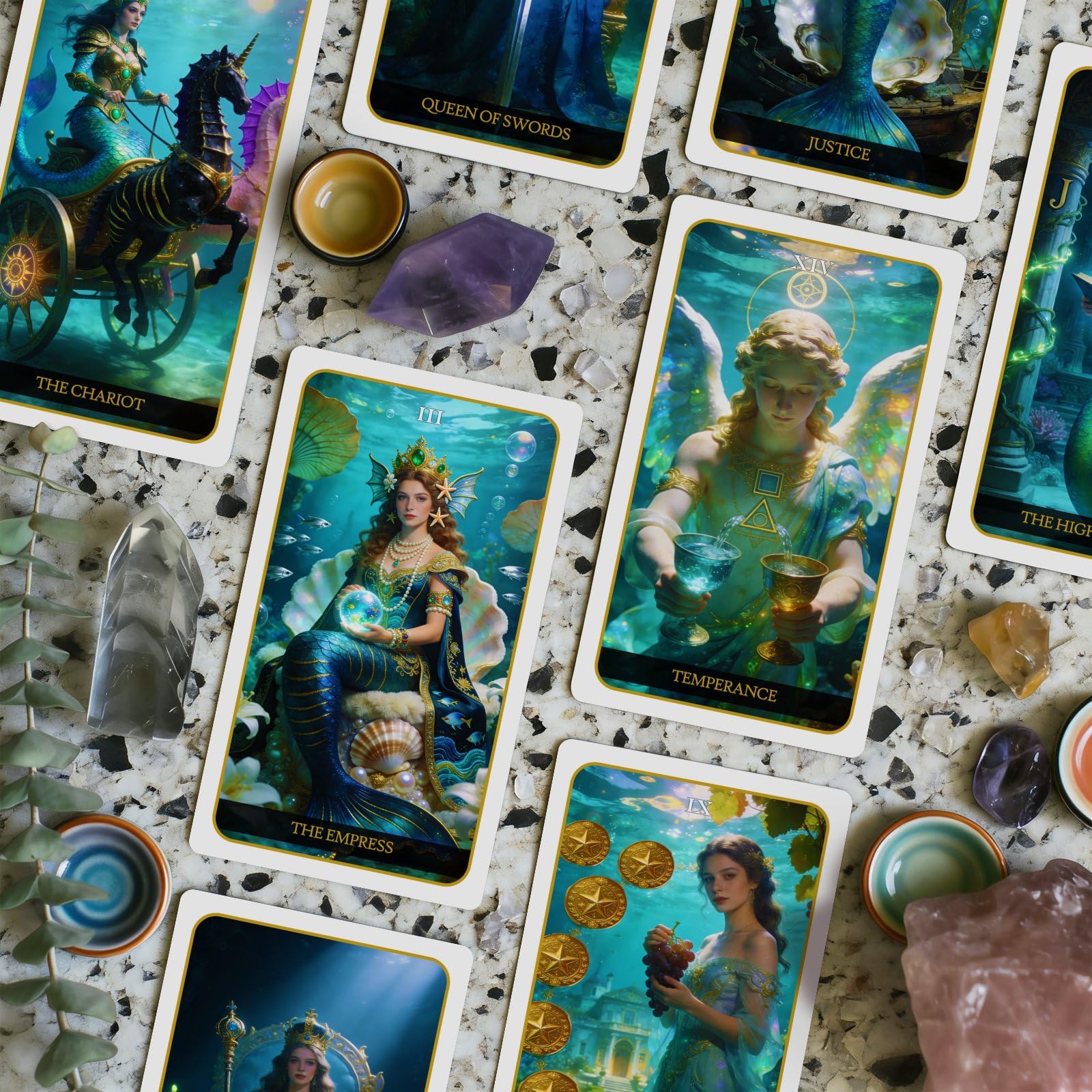 Pacify Mazzo di tarocchi a sirena, mazzo di tarocchi ispirato all'oceano, 78 carte con guida, tarocchi per principianti e divinazione intuitiva