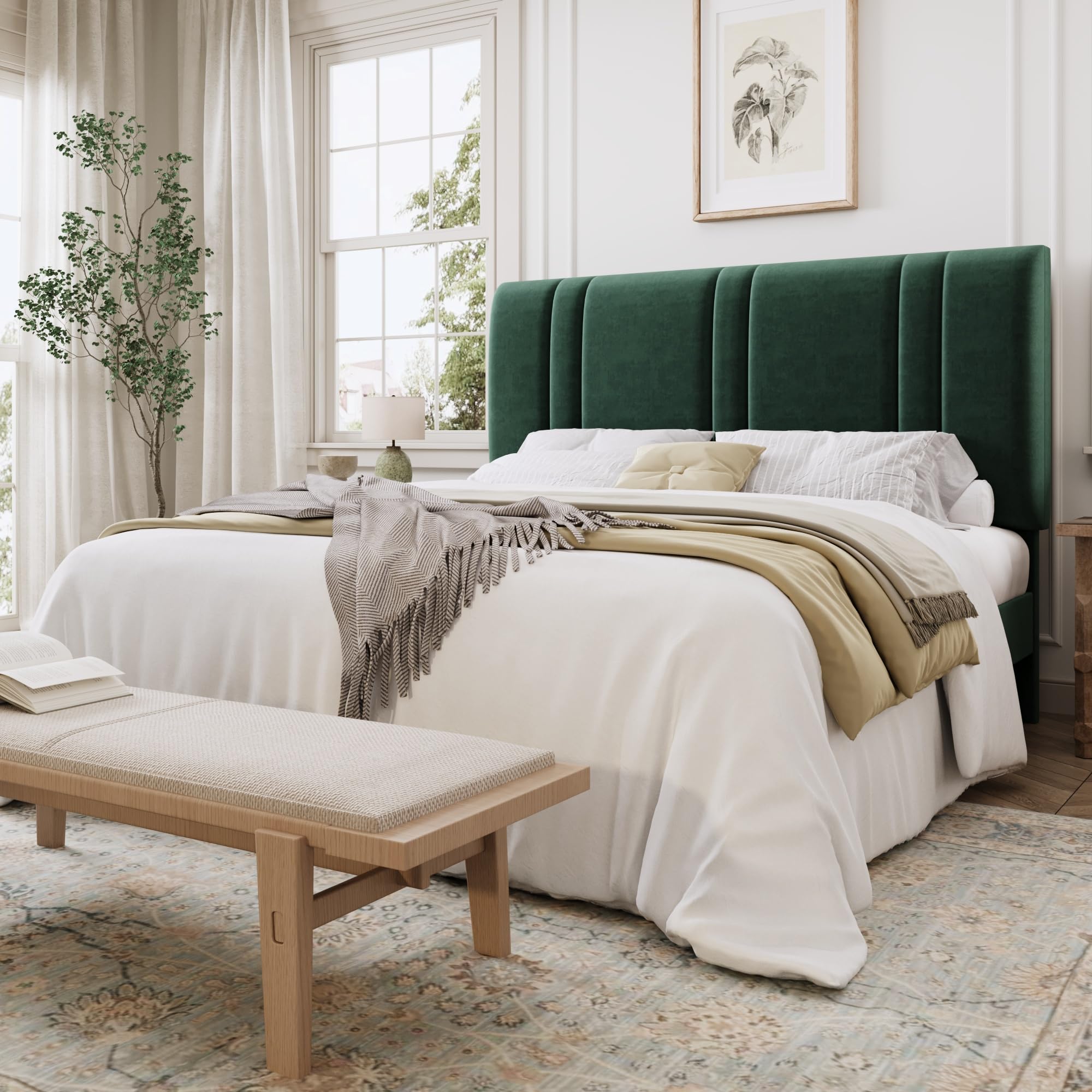 SHA CERLIN Queen Size Platform Bed Frame, Velvet Upholstered Bed with Adjustable Headboard, Vertical Channel Tufted Design, Sturdy Wood Slat Support,