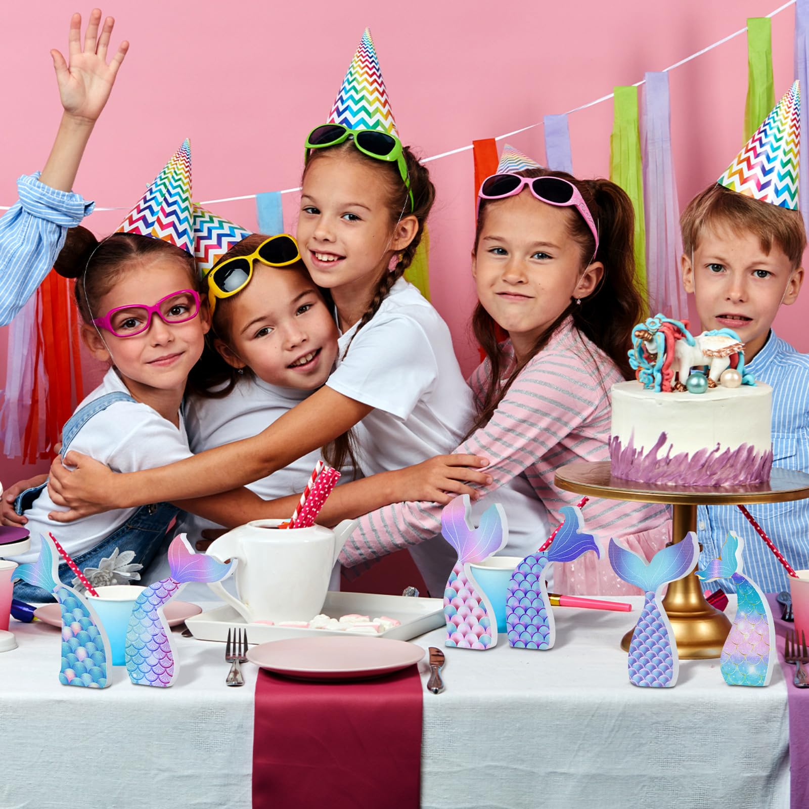 6 Pcs Mermaid Party Decorations Under The Sea Mermaid Centerpieces for Tables Ocean Theme Decor Wooden Table Ornaments for Birthday Party Supplies DIY Decor