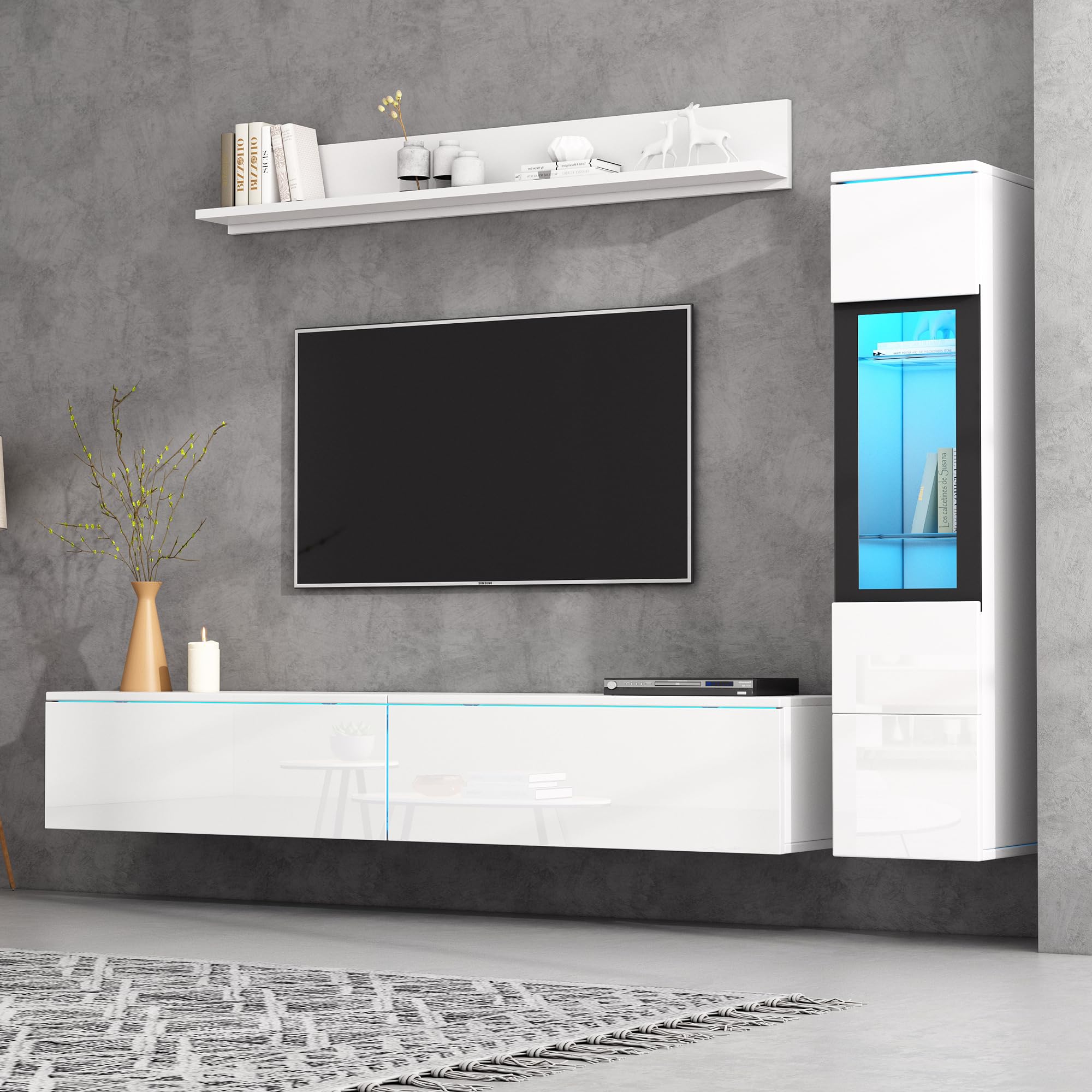 KAZZIO Set da parete per TV, 3 pezzi, illuminazione a LED, lucido, per soggiorno, 1 armadio per TV, 1 vetrina per soggiorno, 1 mensola da appendere (bianco)