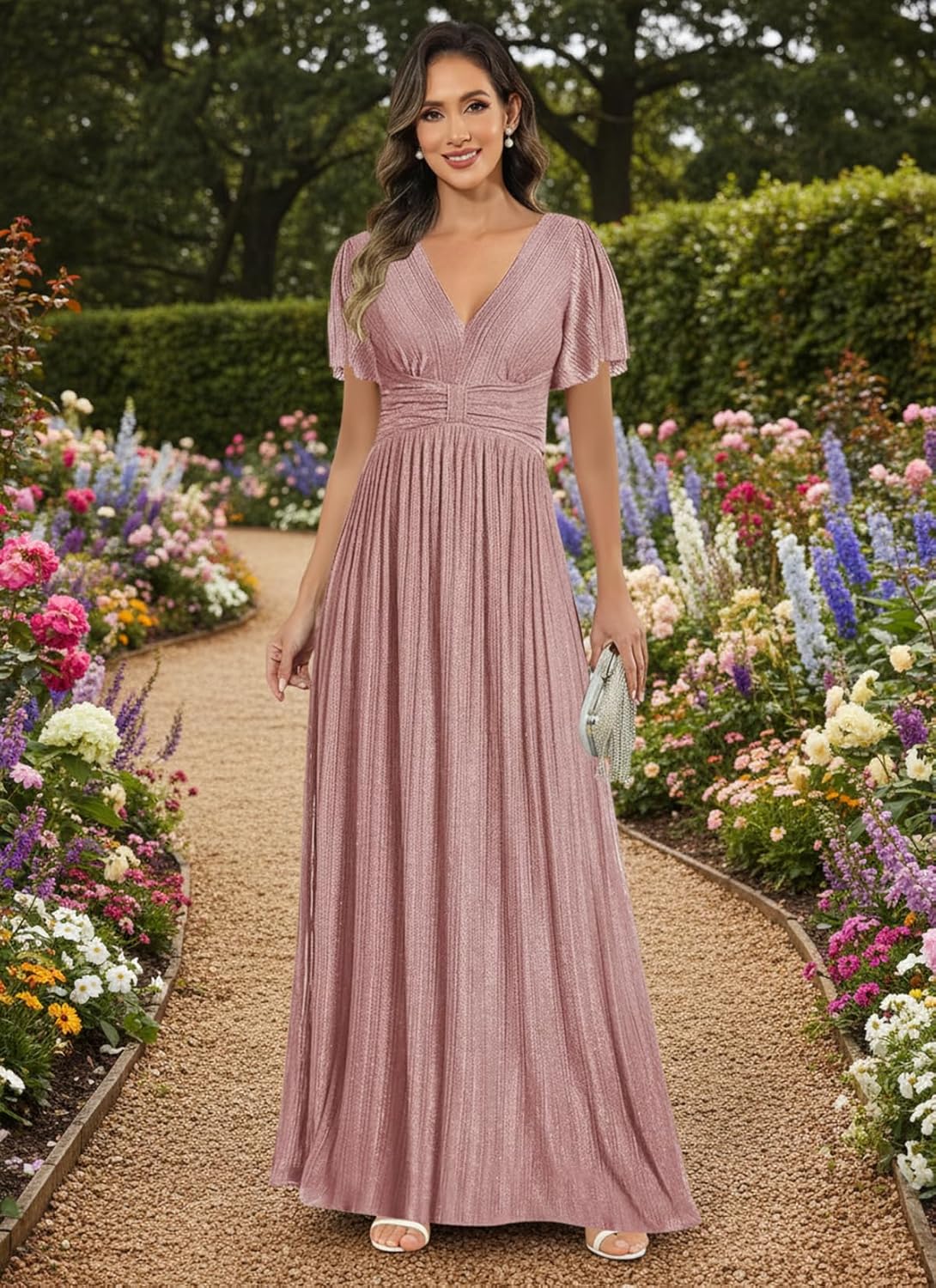 Sparkly Mother of The Bride Dresses for Wedding Women's V-Neck Pleated Formal Dress