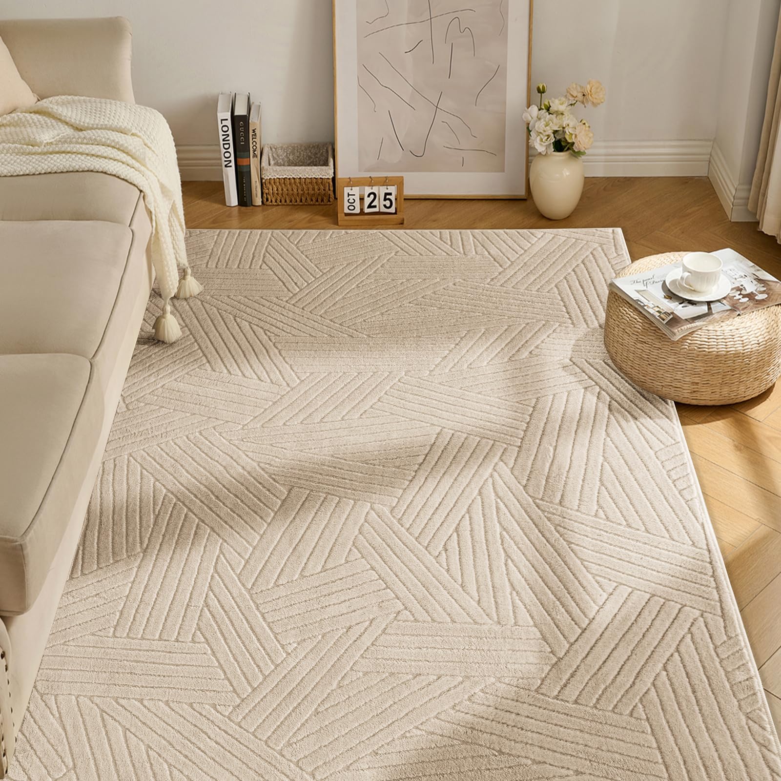 Ceneco Washable Rugs Living Room Large 140x200cm, Large Beige Rugs for Bedroom, Soft Short Pile Rug, High-Low Texture, Non Slip Beside Rug, Modern Geometric Carpet for Kids Kitchen Lounge(Beige)