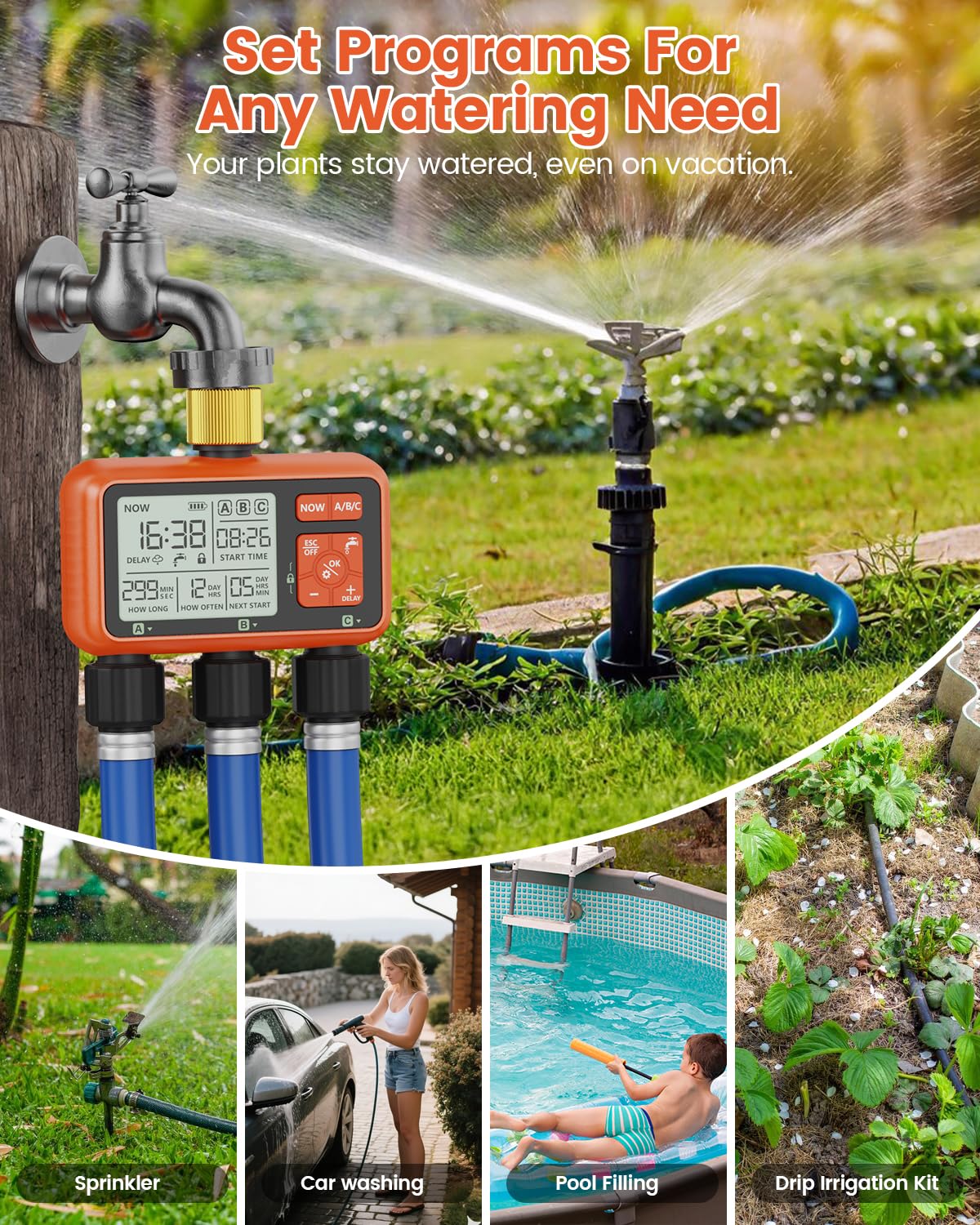 Timer per irrigatore a 3 zone con ingresso in ottone Timer dell'acqua per tubo da giardino Regolatore programmabile del rubinetto del tubo flessibile con controllo della zona indipendente Ritardo