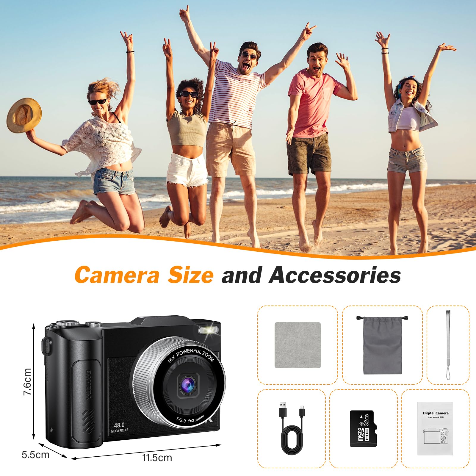 Cámara de Fotos 48MP 4K Cámara Digital Compacta con Zoom 16X 2,8" LCD Compacta Portátil Cámara con Tarjeta 32GB para Niños Principiantes Adulto (Negro)