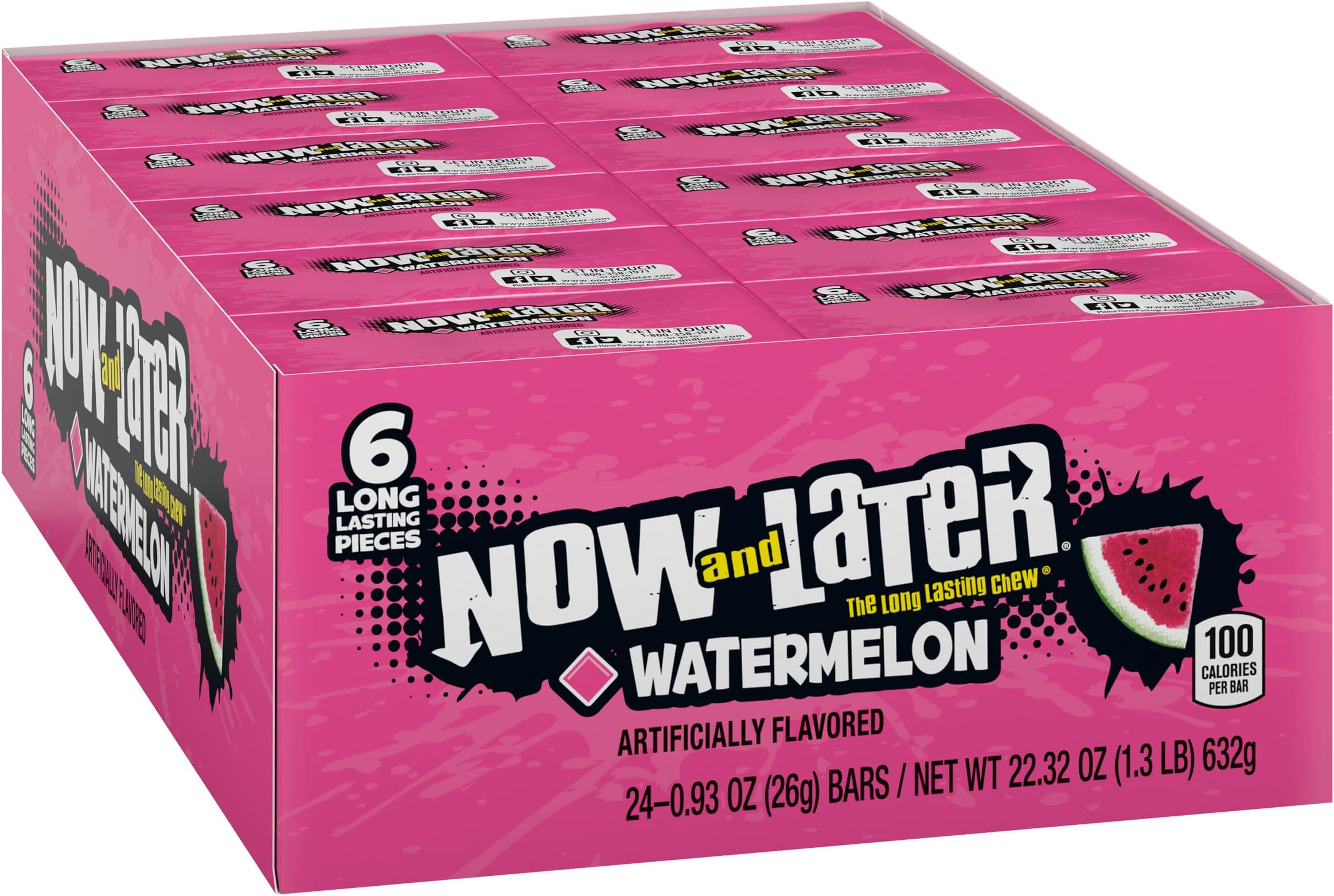 Now and Later Candy, Watermelon Flavor, 0.93 Ounce Bars (Pack Of 24)