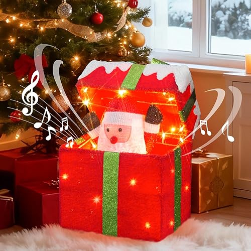 Miniatura 4 de PEIDUO Papá Noel de Navidad animado en caja de regalo iluminada, sensor de movimiento, luces decorativas de música navideña, debajo del árbol de