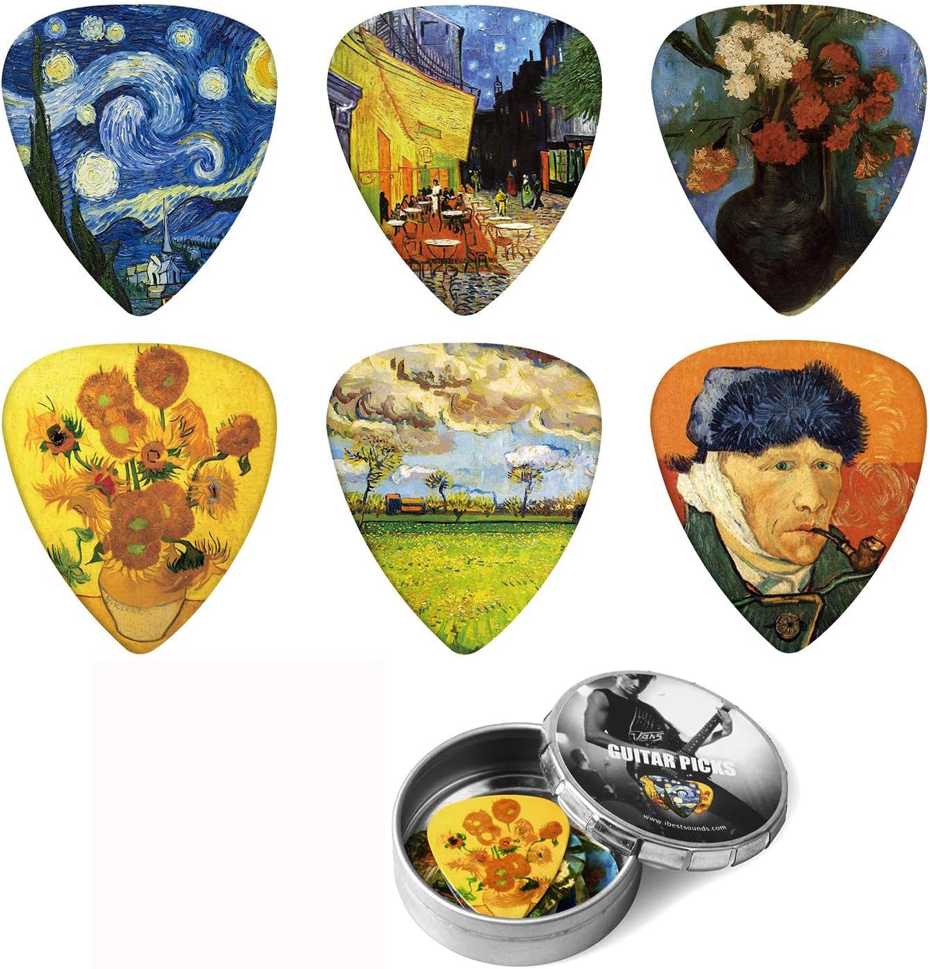 Guitar Picks 12 Pack Vincent Van Gogh Picks .71mm Medium with Thin Box - Special Guitar Plectrums Gift Set for Guitarist