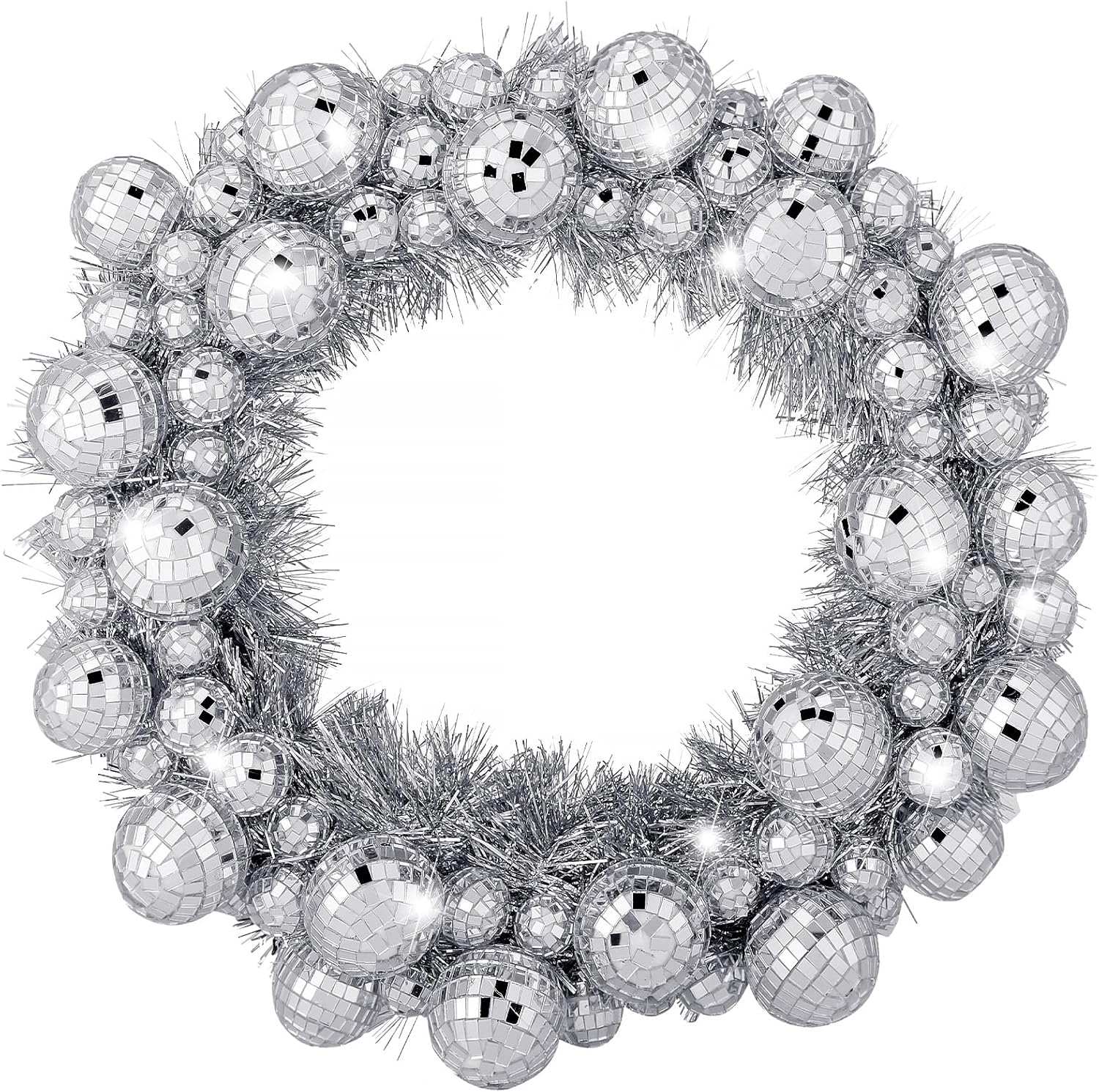 Zeyune 14 Inch Disco Ball Christmas Decoration Silver Mirror Disco Balls Wreath Christmas Hanging Wreath Ornament Silver Glitter Decorative for 70s Xmas Bachelorette Wedding Music Festivals Party
