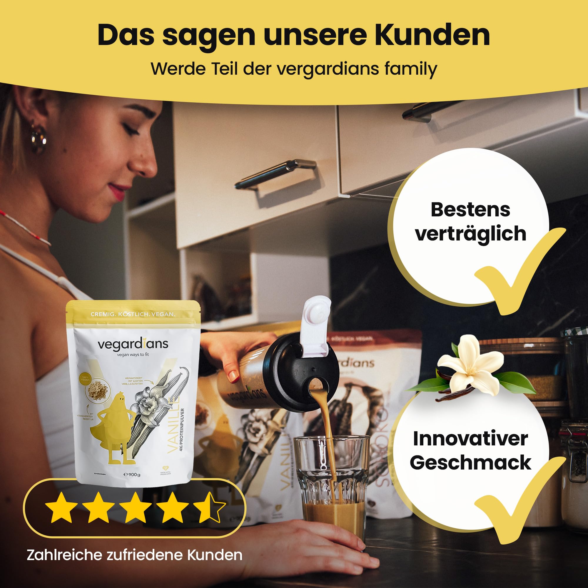 Veganes Proteinpulver Vanille 900g – Pflanzliches Eiweißpulver ohne Laktose, Gluten & künstliche Aromen. Premium-Qualität mit natürlichem Vanillegeschmack