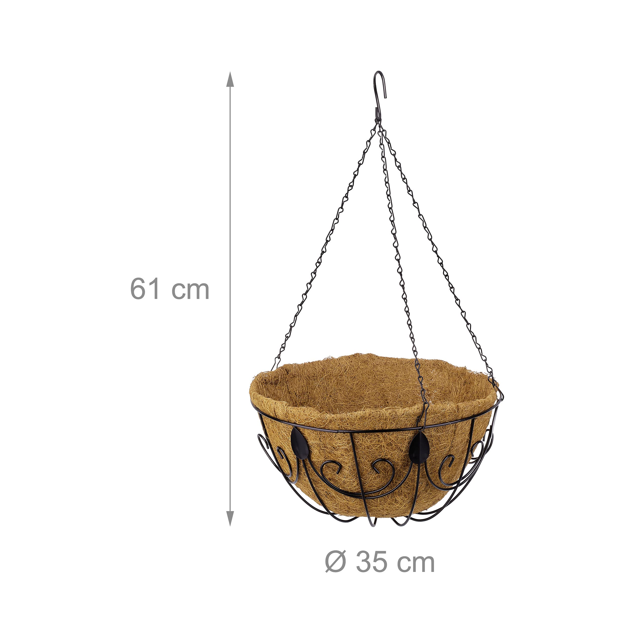 Relaxdays Set da 3 Portavasi da Parete, in Fibra di Cocco, Fioriera da Appendere con Catena, D: 35 cm, 10 litri, Marrone